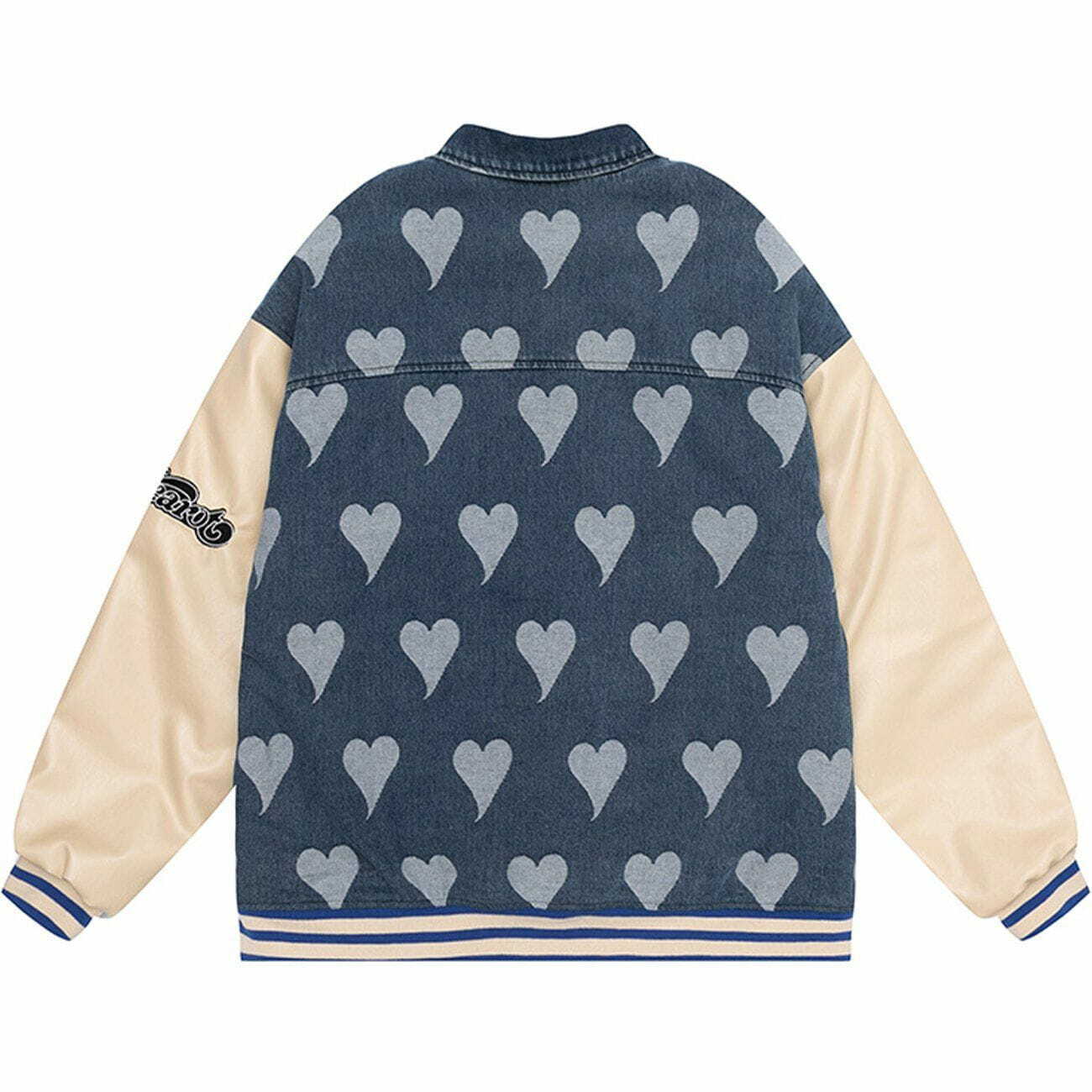 Y2K Heart Print Embroidered Color Block Winter Coat - Retro 90s Grunge Style Outerwear