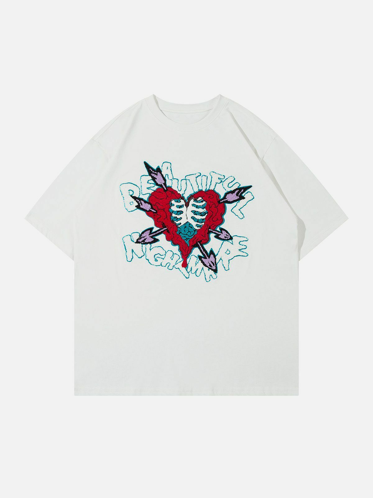 Y2K Heart-Shaped Embroidery Print Tee - Retro 90s Grunge Summer Outfit for Women