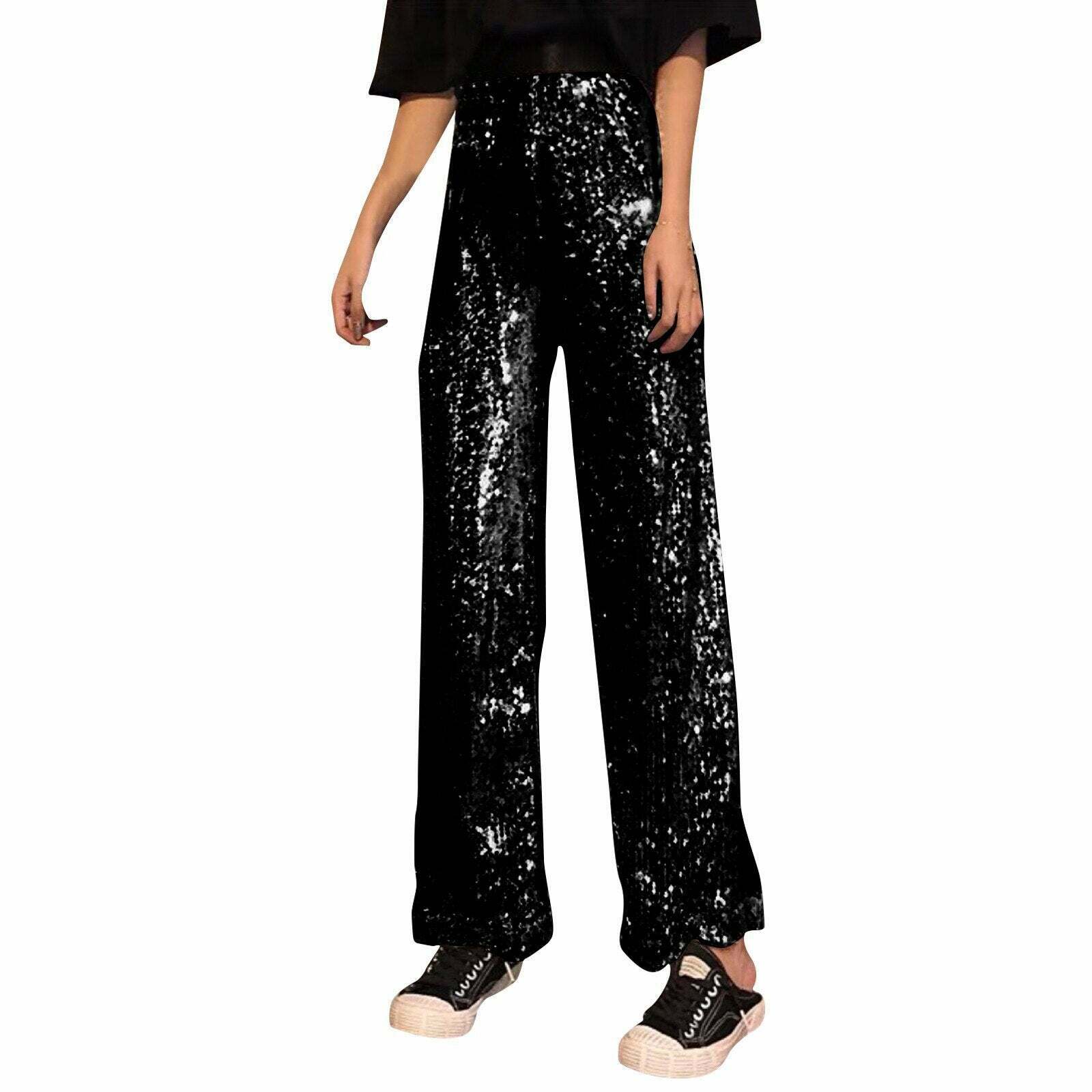 Y2K High Waisted Sequin Party Pants - Grunge Aesthetic, Coquette Style, Cute & Comfy