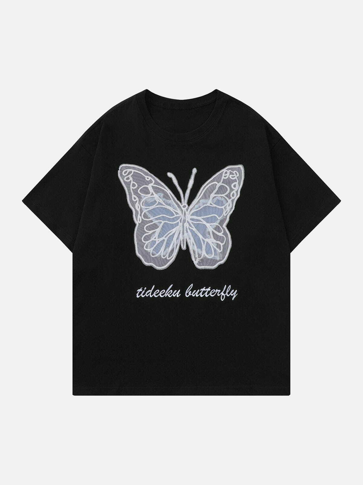 Y2K Hollow Mesh Butterfly Patch Tee - Retro 90s Grunge Summer Outfit for Women