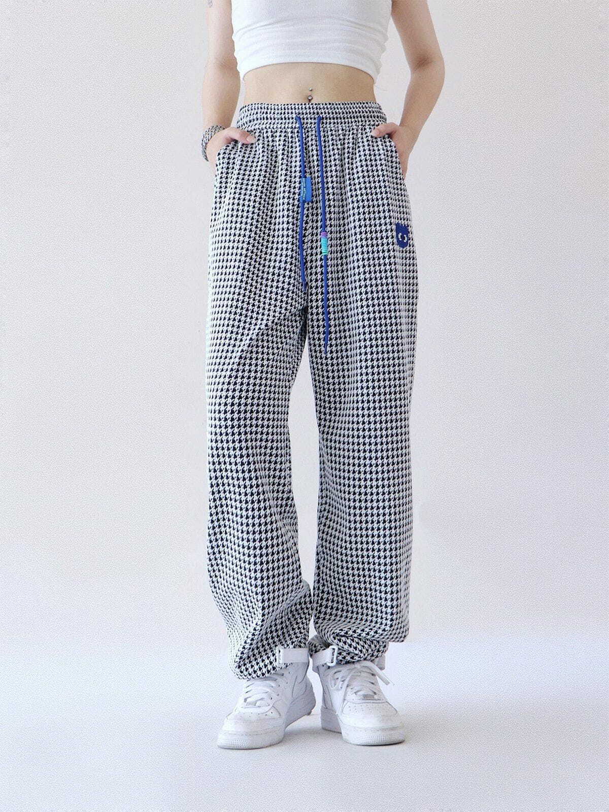 Y2K Houndstooth Straight-Leg Pants - Retro 90s Grunge Outfit for Summer Parties & Casual Wear