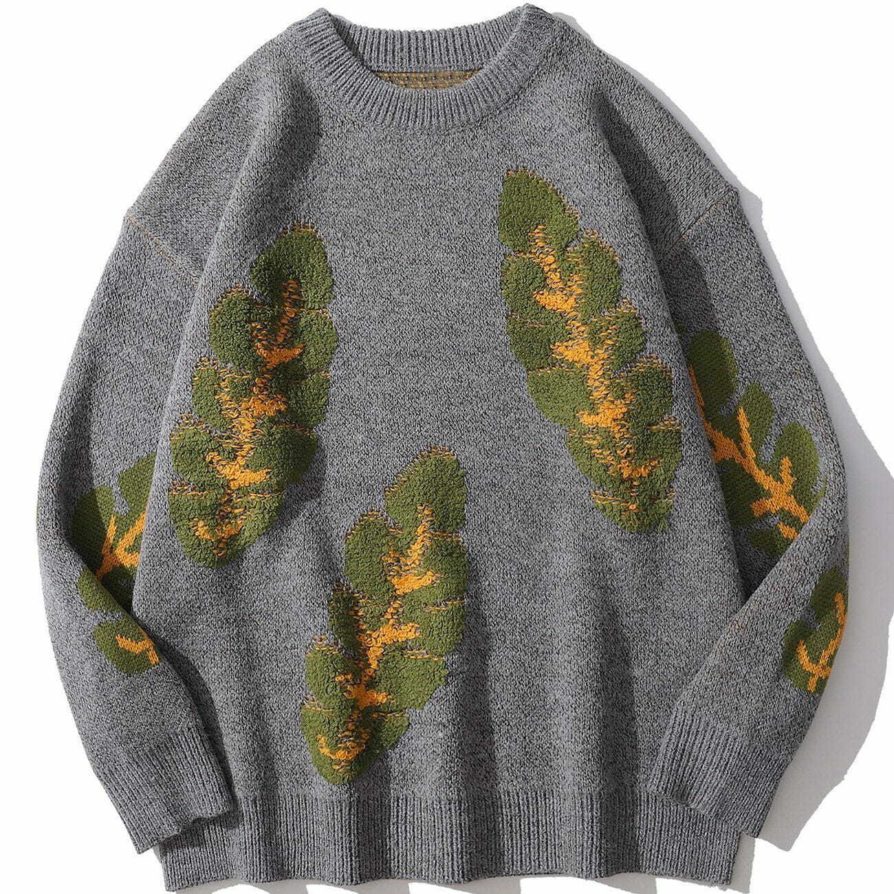 Y2K Leaf Print Knit Sweater - Retro 90s Grunge Style for Summer Outfits & Parties