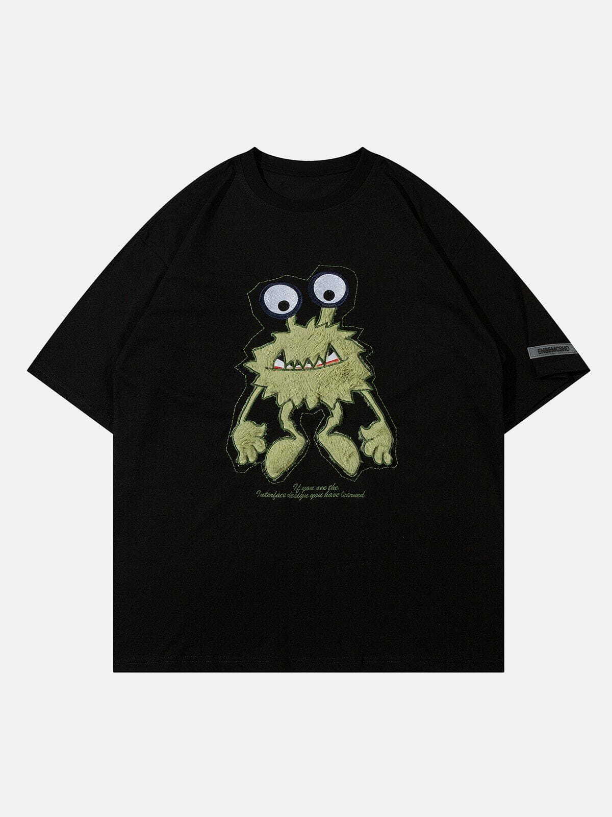 Y2K Monster Embroidery Print Tee - Retro 90s Grunge Summer Outfit for Y2K Vibes