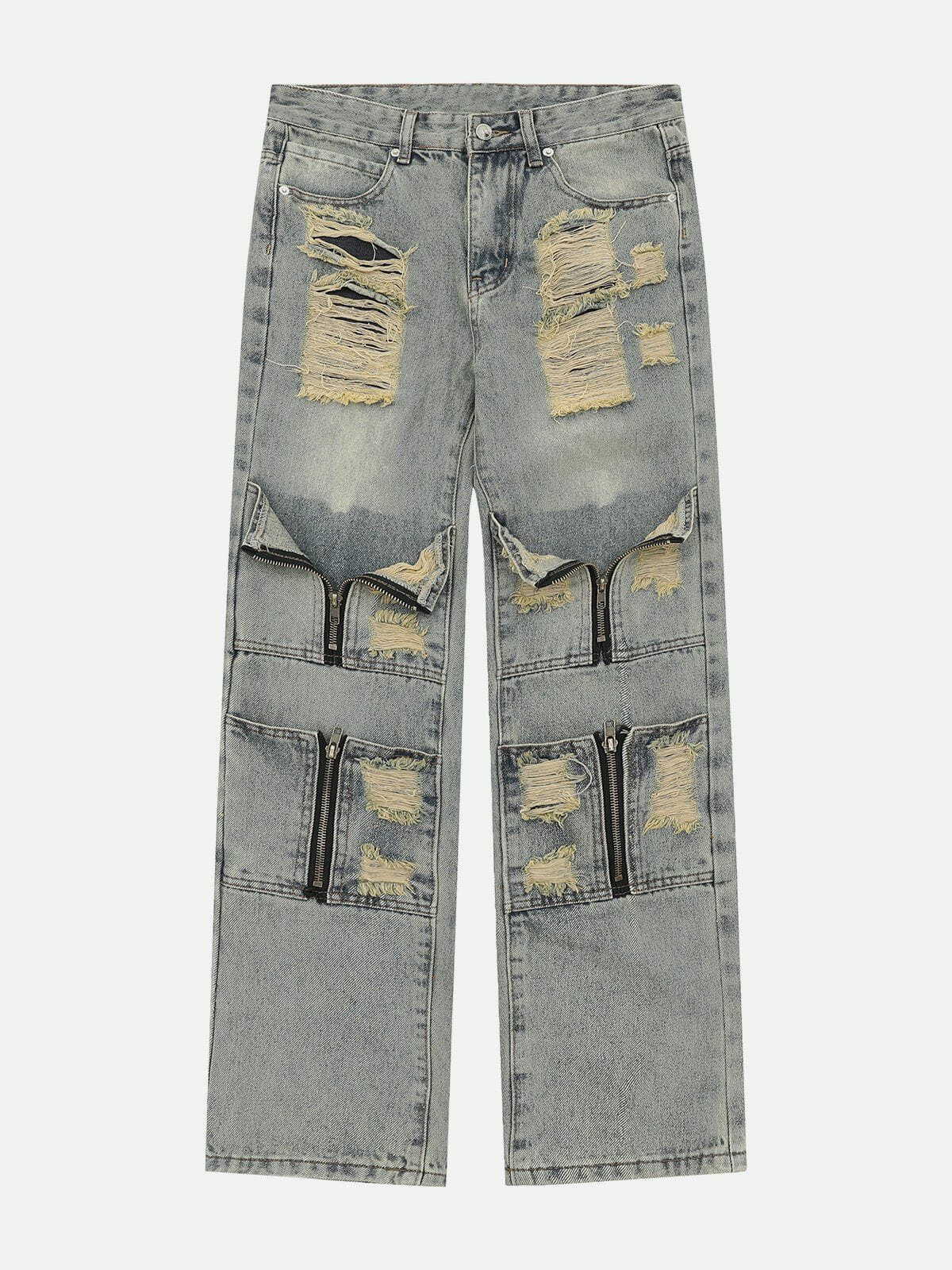 Y2K Multi Hole Zip Up Jeans - Grunge 90s Fashion, Retro Summer Outfits, Party Ready!