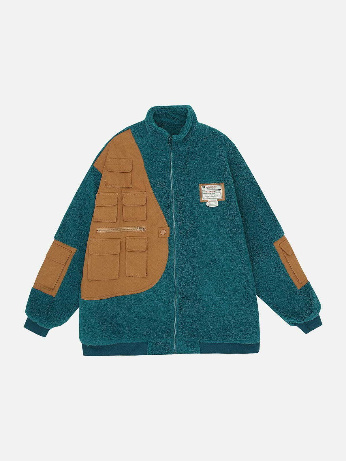 Y2K Multi-Pocket Sherpa Jacket - Retro 90s Grunge Style for Summer Outfits & Parties