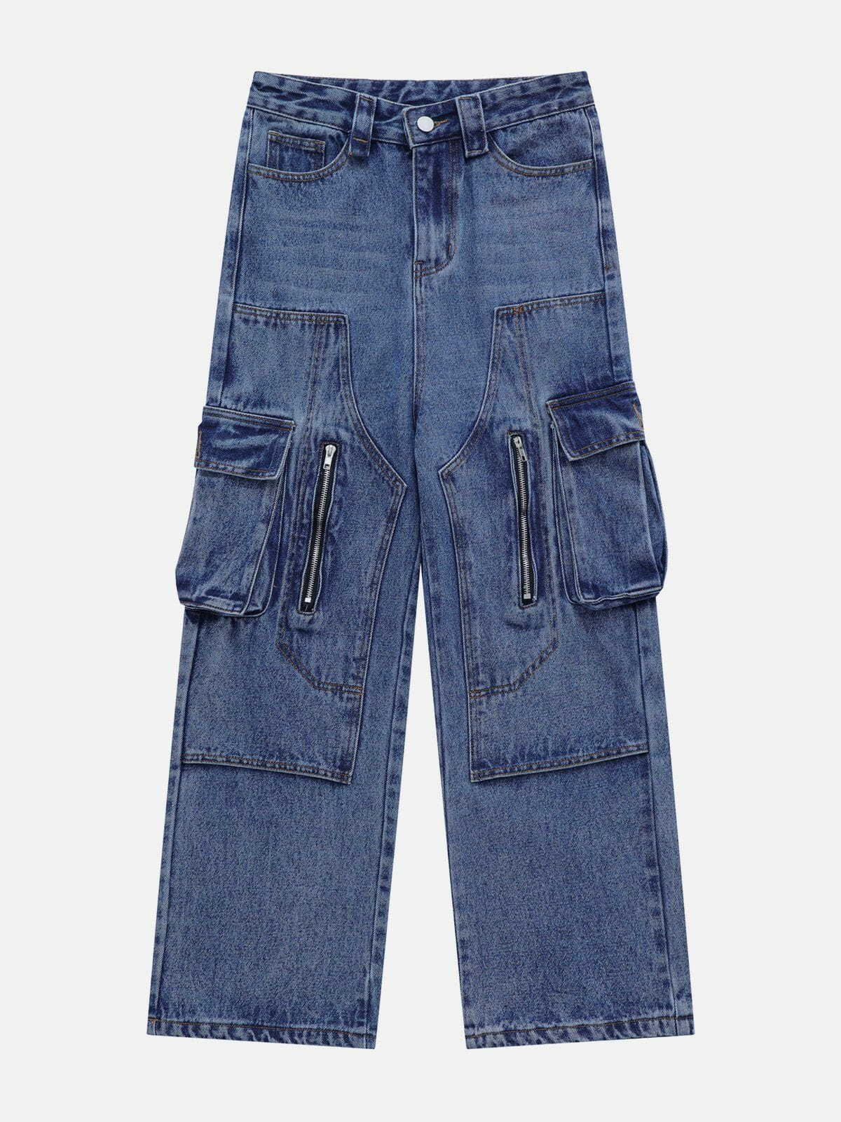 Y2K Multi-Pocket Zip-Up Jeans - Retro 90s Grunge Outfit for Summer Parties & Festivals