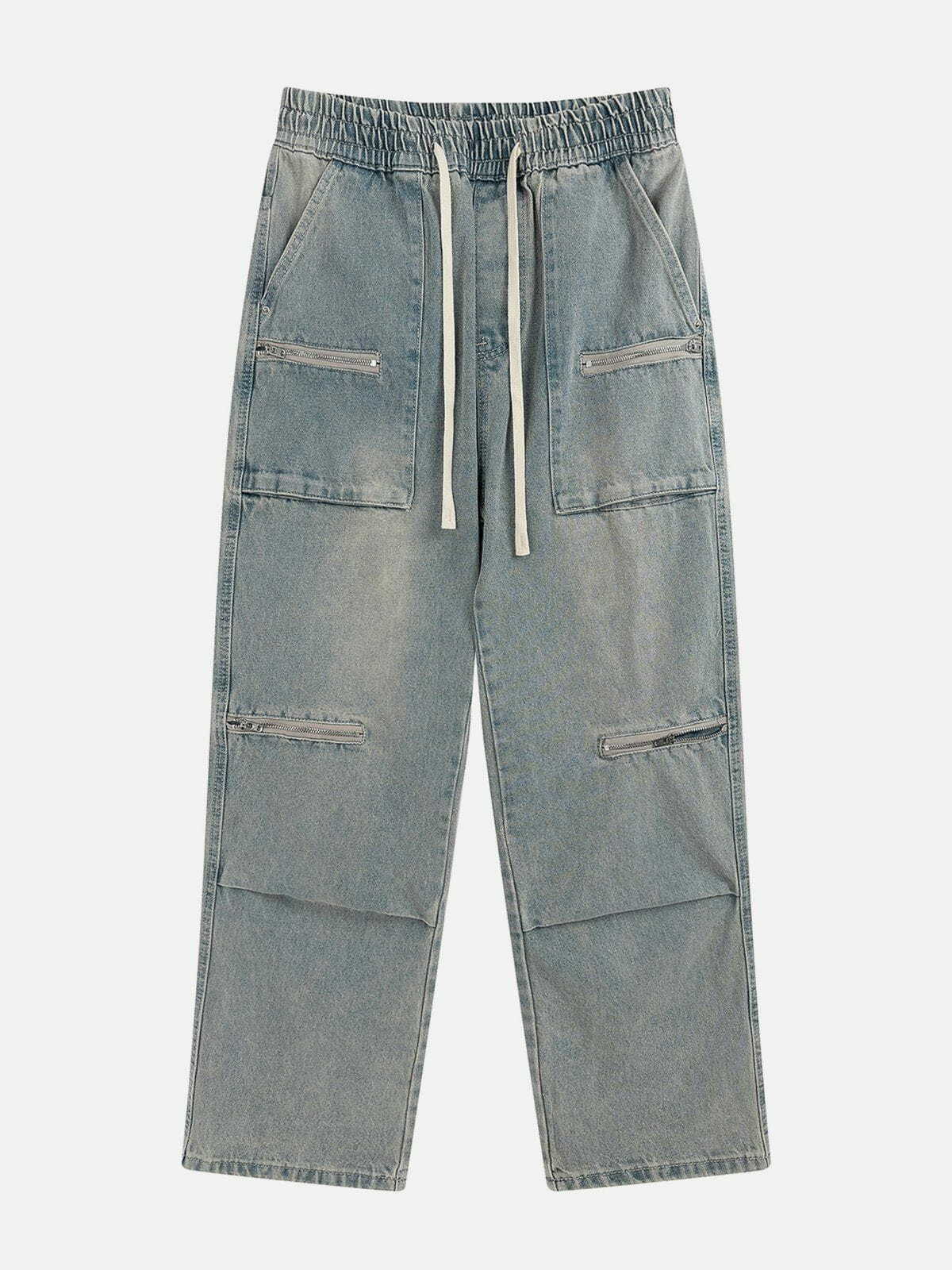 Y2K Multi Zip Up Folds Jeans - Retro 90s Grunge Outfit for Summer Parties & Clubbing