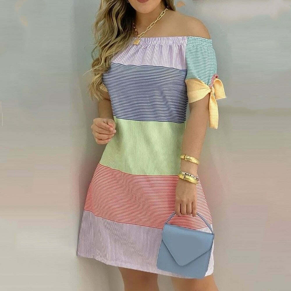 Y2K Off Shoulder Mini Dress with Bow Tie, Striped Plaid Floral Aesthetic for Summer