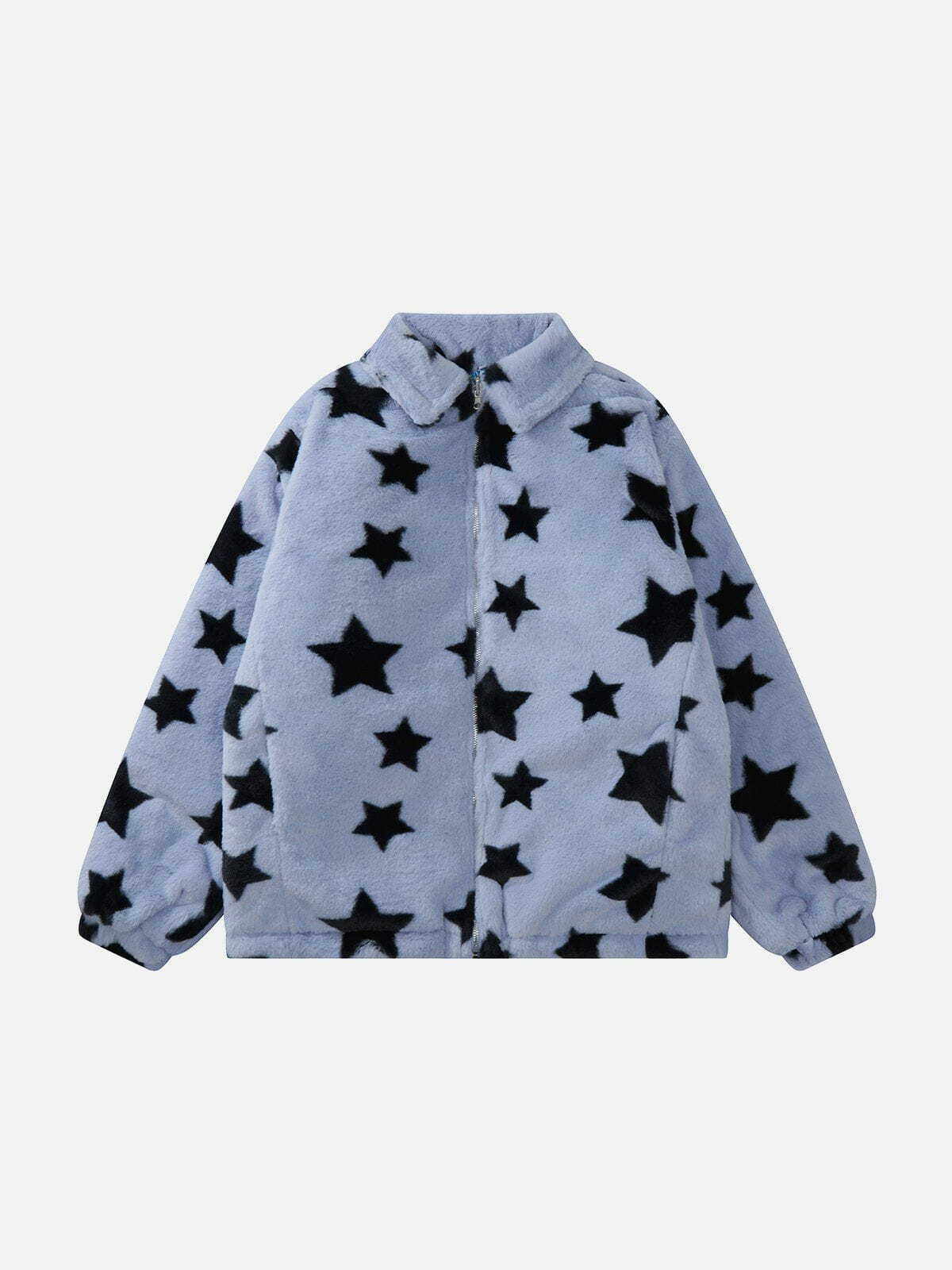 Y2K Oversized Star Print Reversible Sherpa Coat - Retro Grunge 90s Fashion Essential