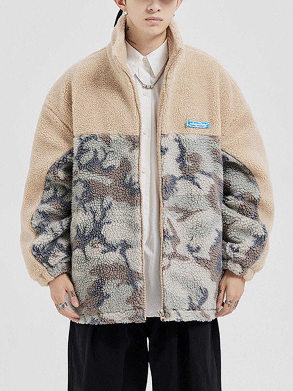 Y2K Patchwork Camouflage Sherpa Coat - Retro Grunge Style for Y2K Summer Outfits