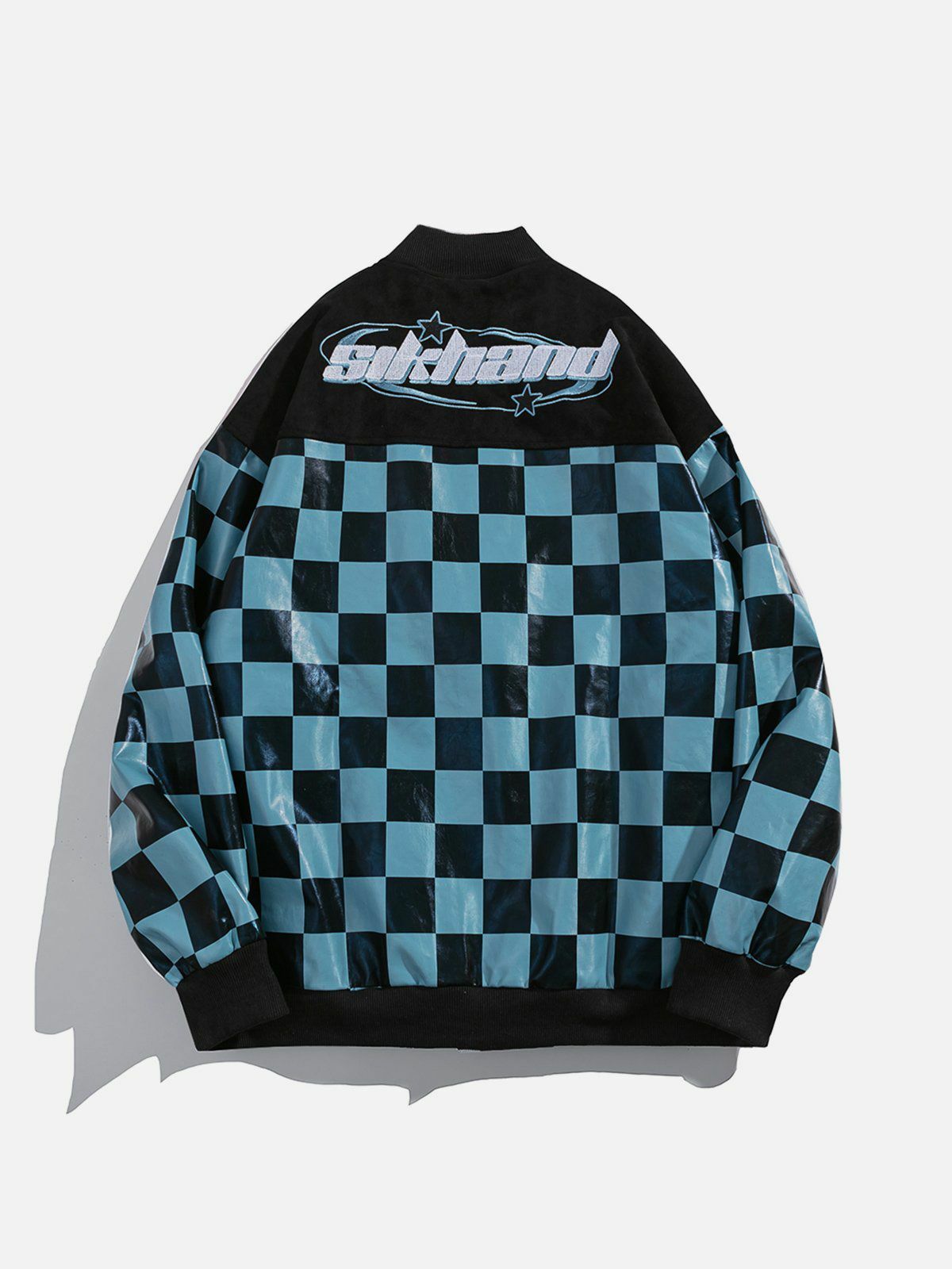 Y2K Patchwork Checkerboard Varsity Jacket - Retro 90s Grunge Summer Outfit for Women