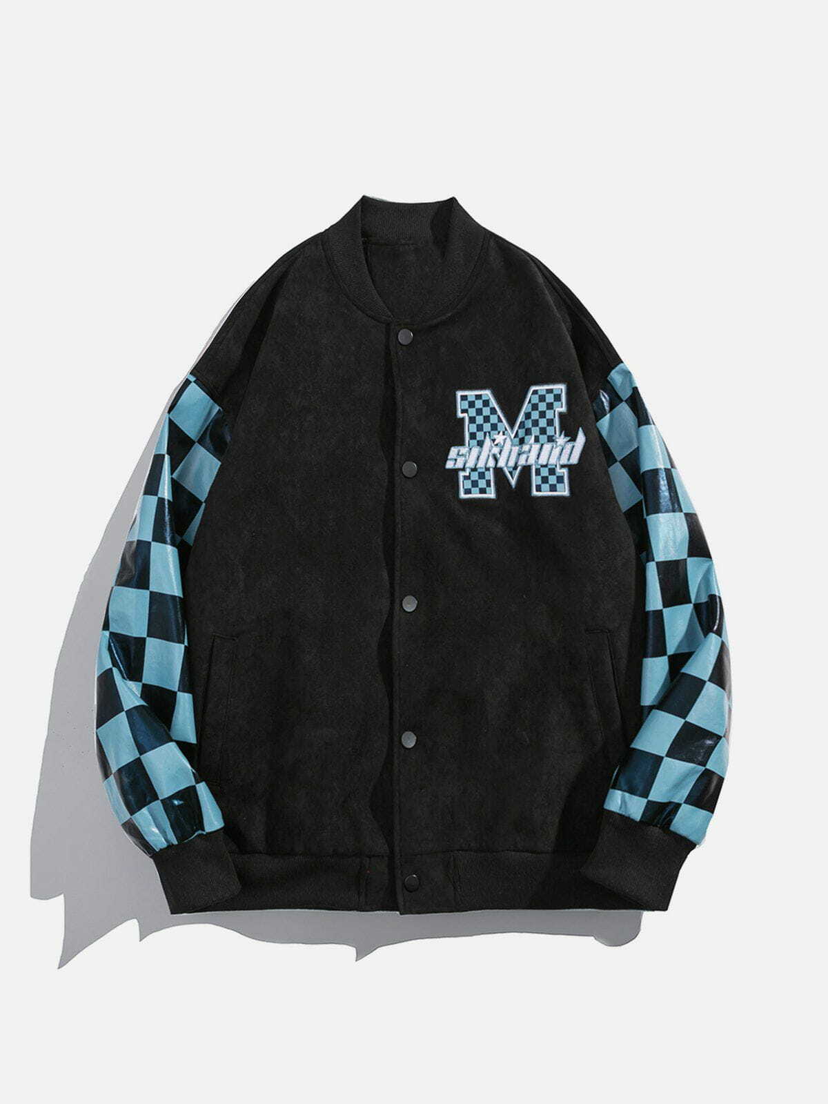 Y2K Patchwork Checkerboard Varsity Jacket - Retro 90s Grunge Summer Outfit for Women