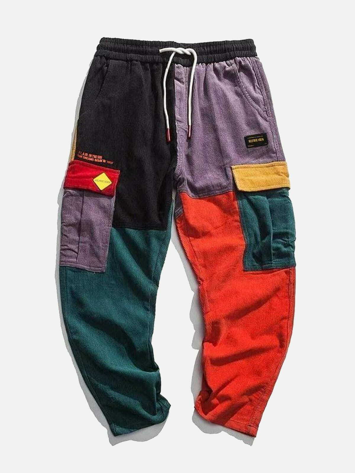 Y2K Patchwork Color Block Corduroy Pants - Retro 90s Grunge Summer Outfit Essential