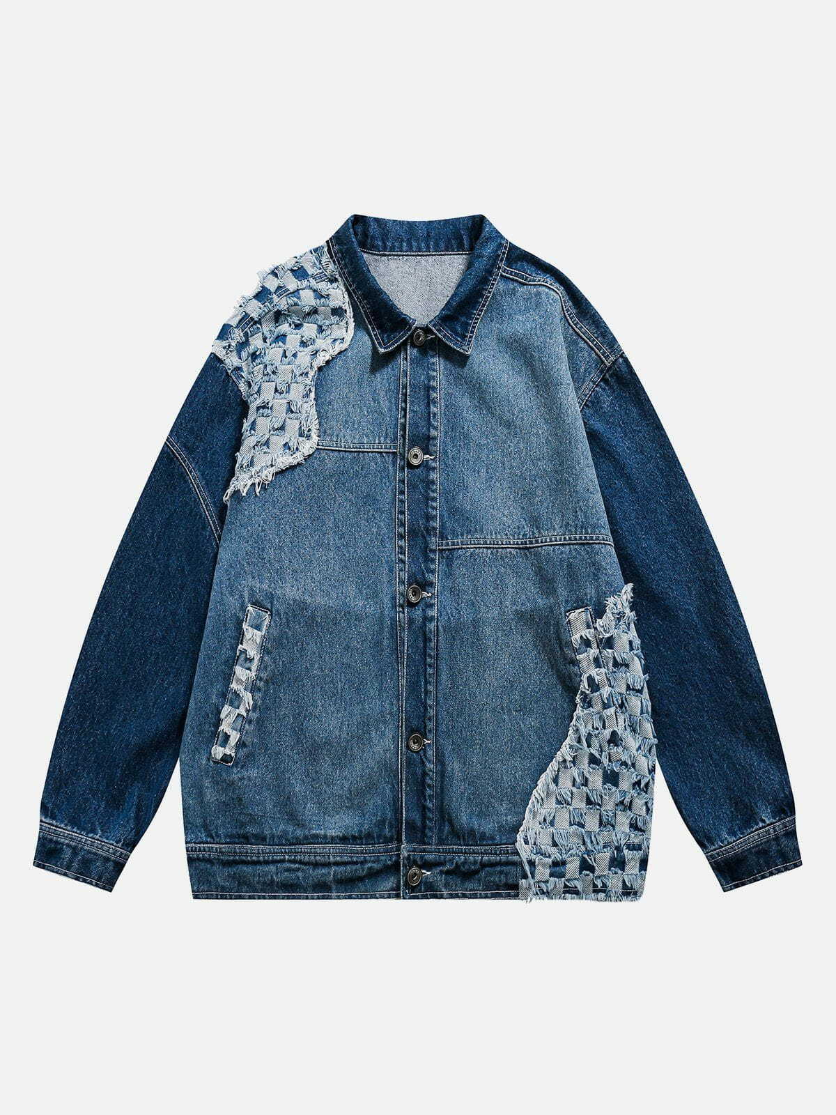 Y2K Patchwork Denim Jacket - Retro 90s Grunge Outfit for Summer Parties & Festivals