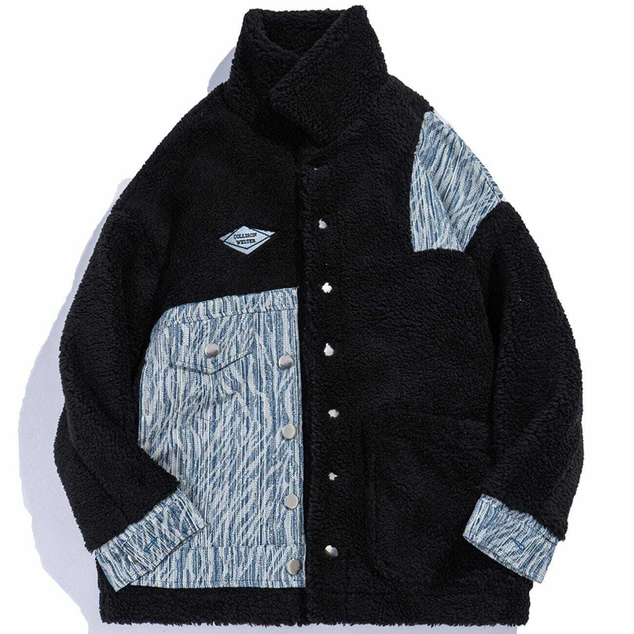 Y2K Patchwork Embroidery Sherpa Coat - Retro 90s Grunge Winter Fashion Outerwear