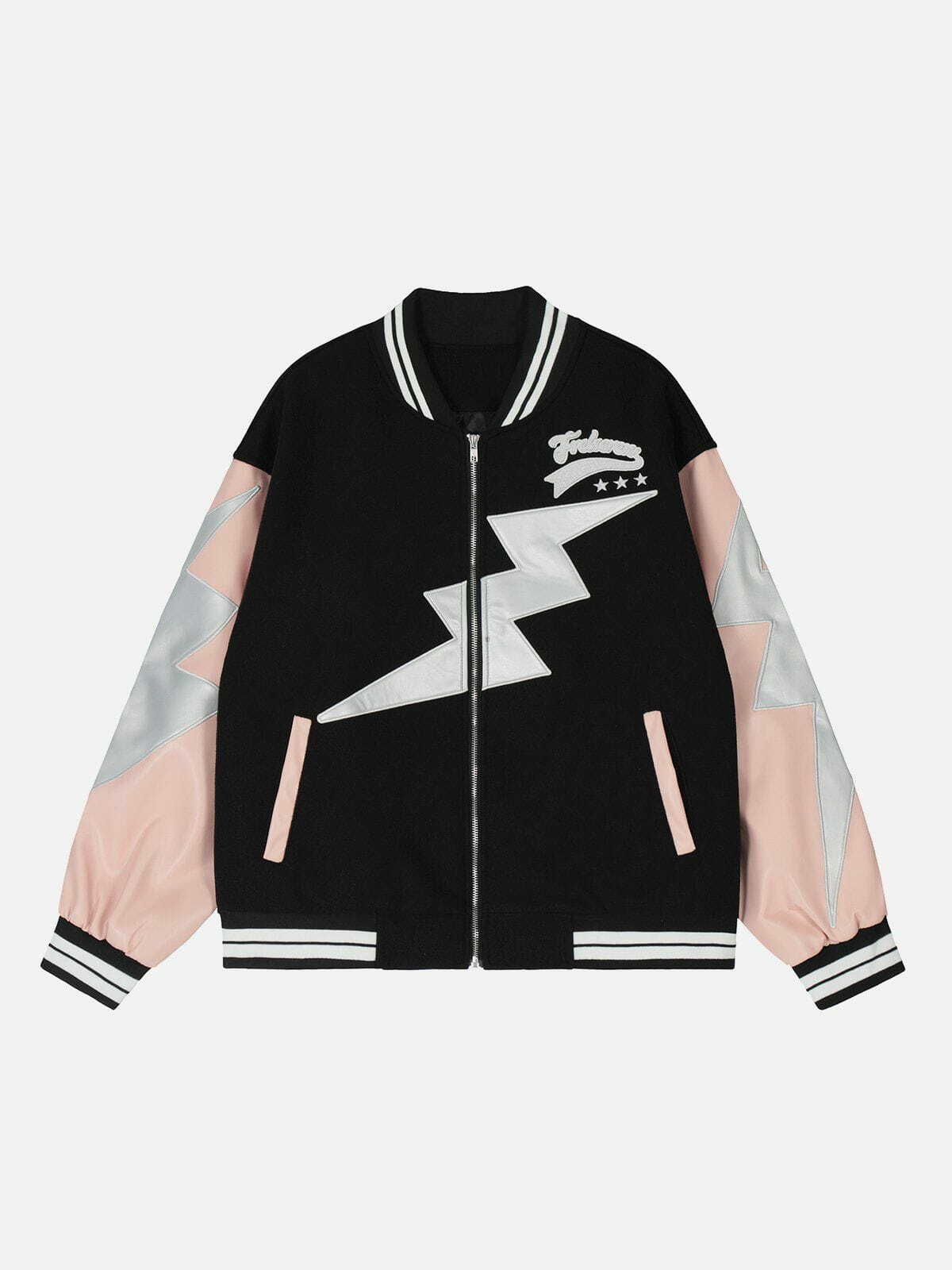 Y2K Patchwork Lightning Varsity Jacket - Retro 90s Grunge Outfit for Summer Parties