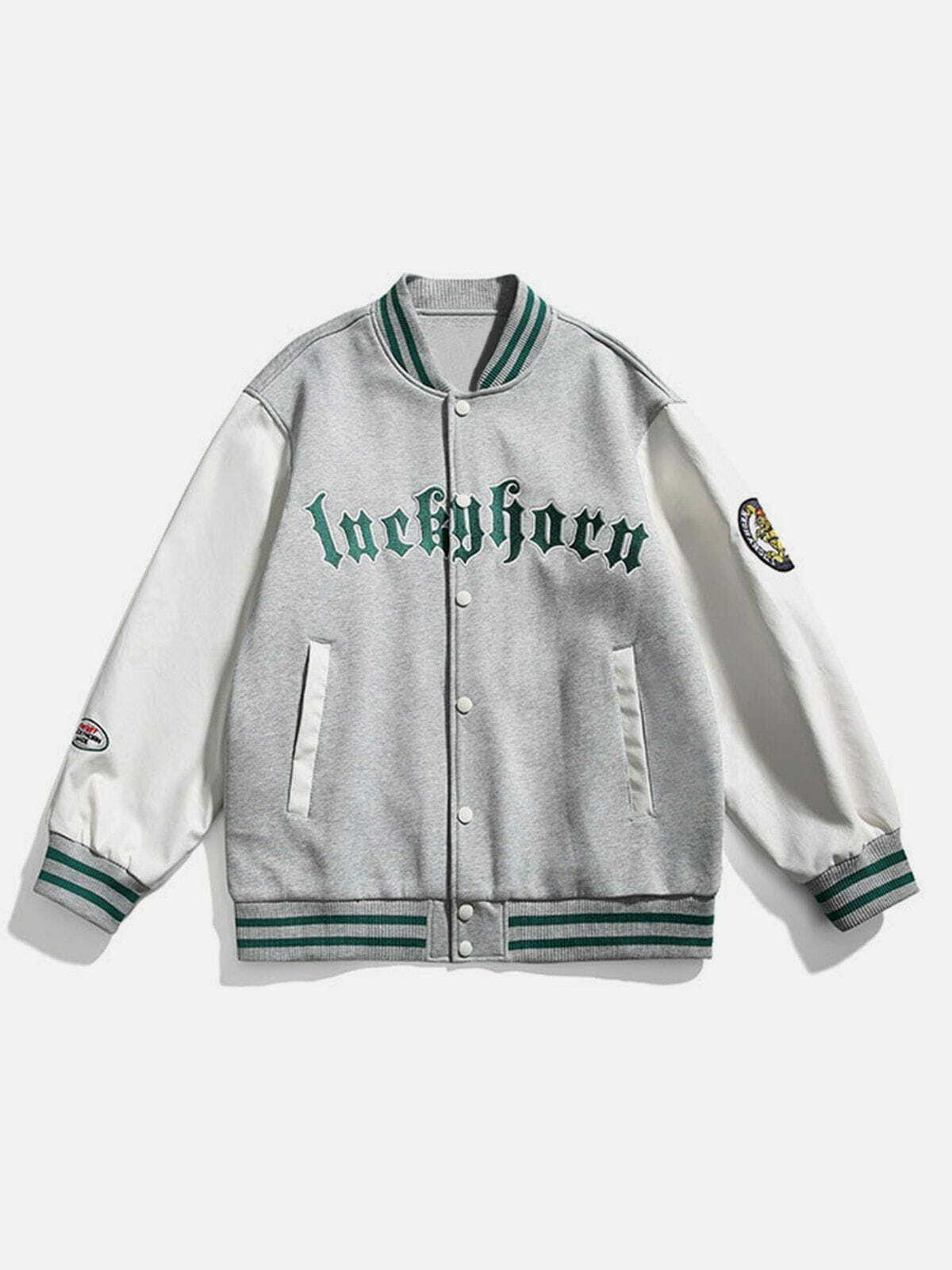 Y2K Patchwork 'Luckyhorn' Varsity Jacket - Retro 90s Grunge Summer Outfit Essential