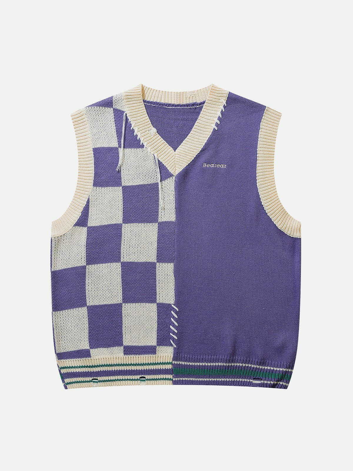 Y2K Patchwork Plaid Sweater Vest - Retro 90s Grunge Outfit for Summer Parties & Clubbing