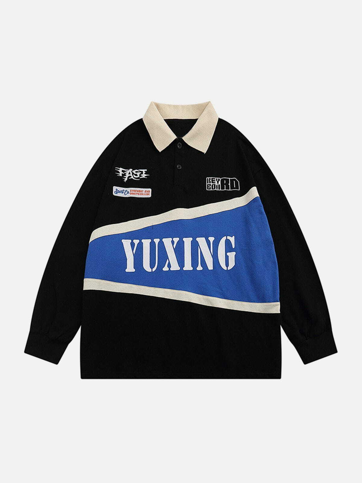 Y2K Patchwork Polo Sweatshirt - Retro 90s Grunge Outfit for Summer Parties & Clubbing