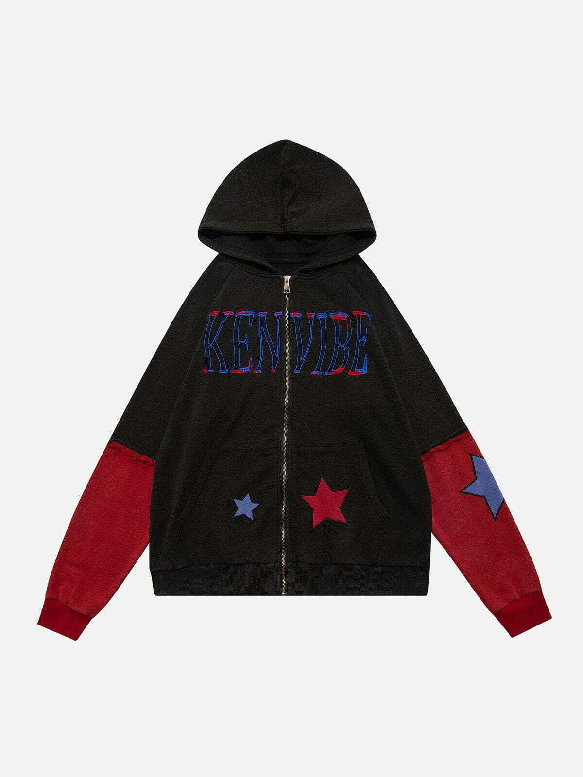 Y2K Patchwork Star Zip Up Hoodie - Retro Grunge 90s Summer Outfit for Y2K Vibes