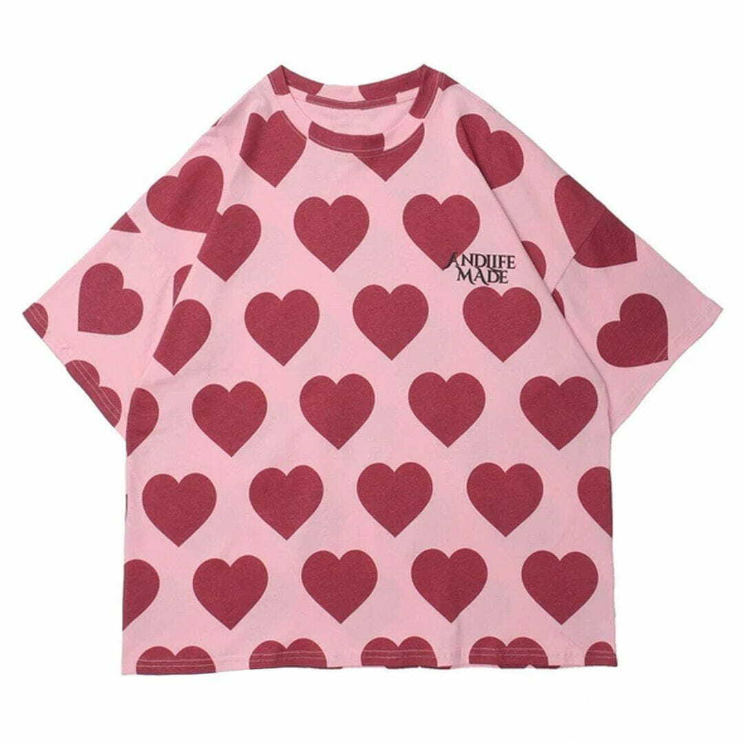 Y2K Peach Heart Print Baby Tee - Retro 90s Grunge Summer Outfit for Women