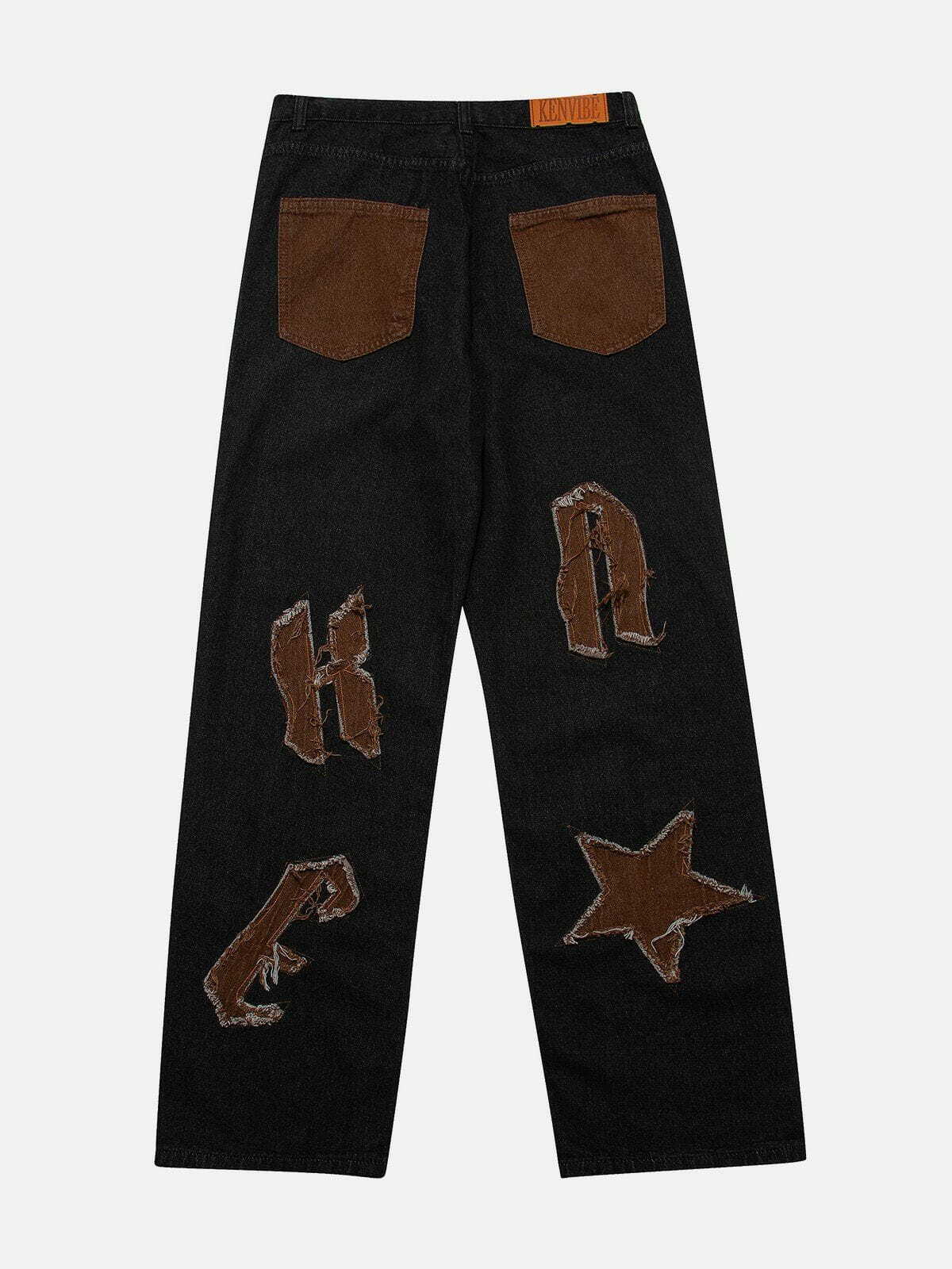 Y2K Pentagram Patchwork Jeans - Grunge 90s Fashion, Retro Summer Outfit for Women