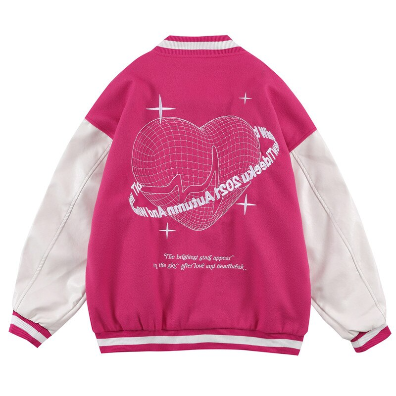 Y2K Pink Heart Varsity Jacket - Retro 90s Grunge Outfit for Summer Parties & Clubbing