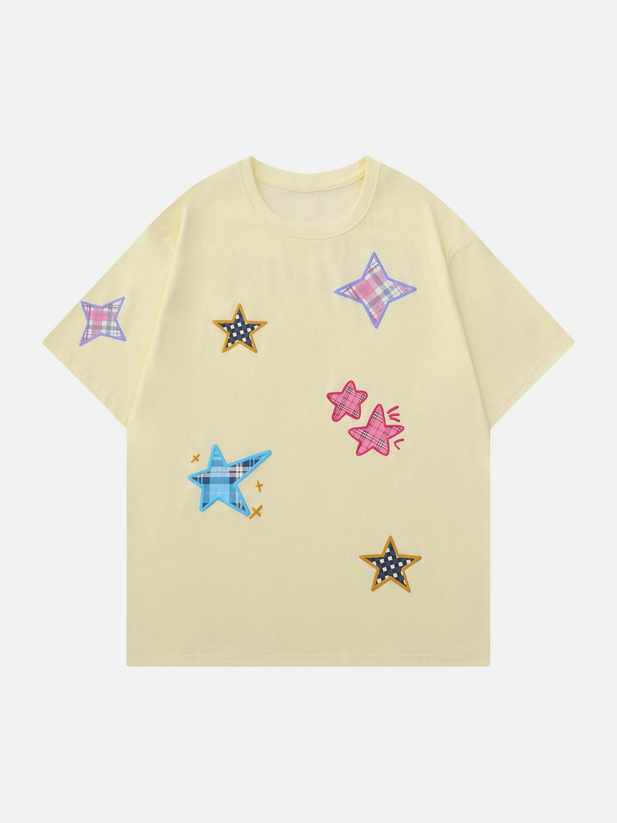 Y2K Plaid Applique Star Tee - Retro 90s Grunge Top for Summer Party Outfits