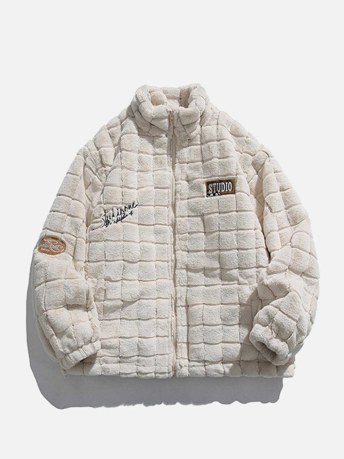 Y2K Plaid Embroidery Sherpa Coat - Retro 90s Grunge Winter Fashion for Y2K Outfits