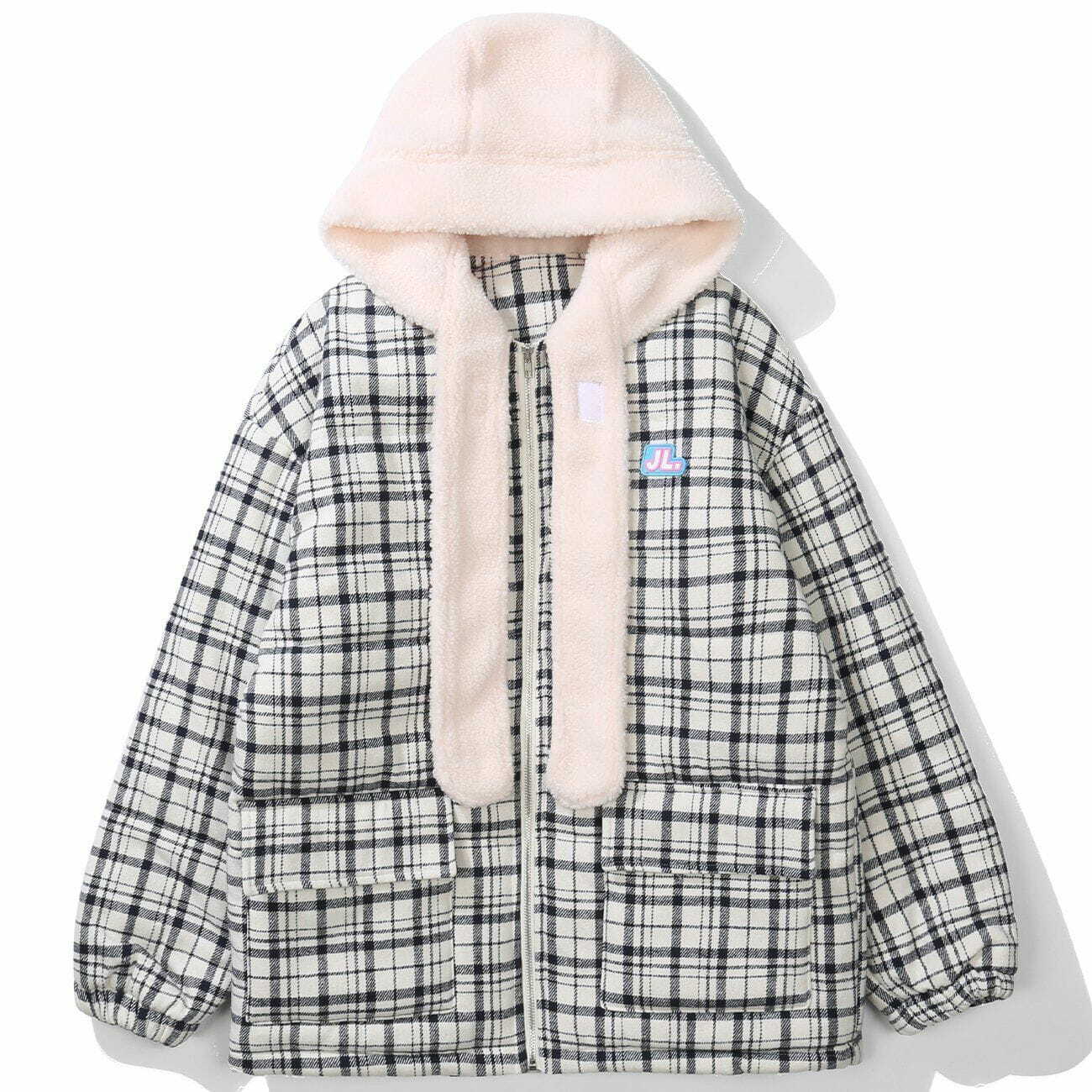 Y2K Plaid Patchwork Winter Coat - Retro Grunge Style for Y2K Summer & 90s Party Outfits