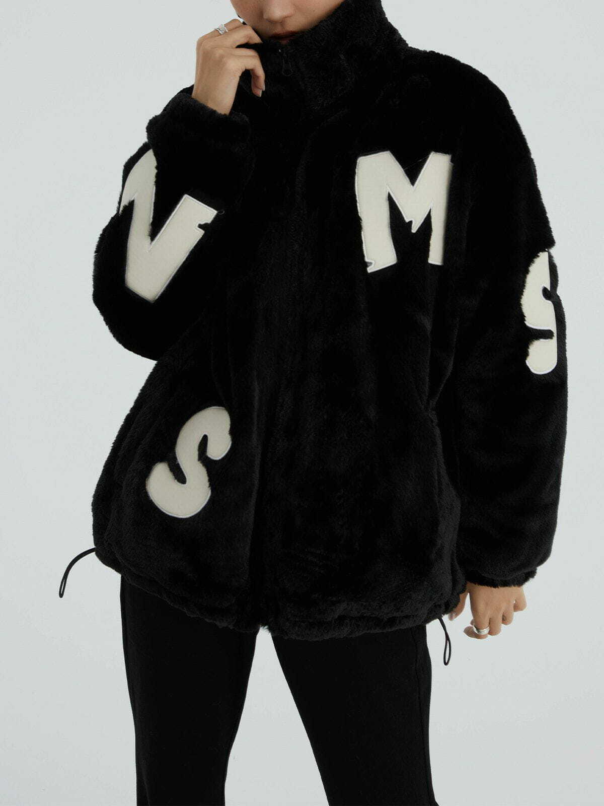 Y2K Plush Winter Coat with Alphabet PU Applique - Retro 90s Grunge Style Outerwear