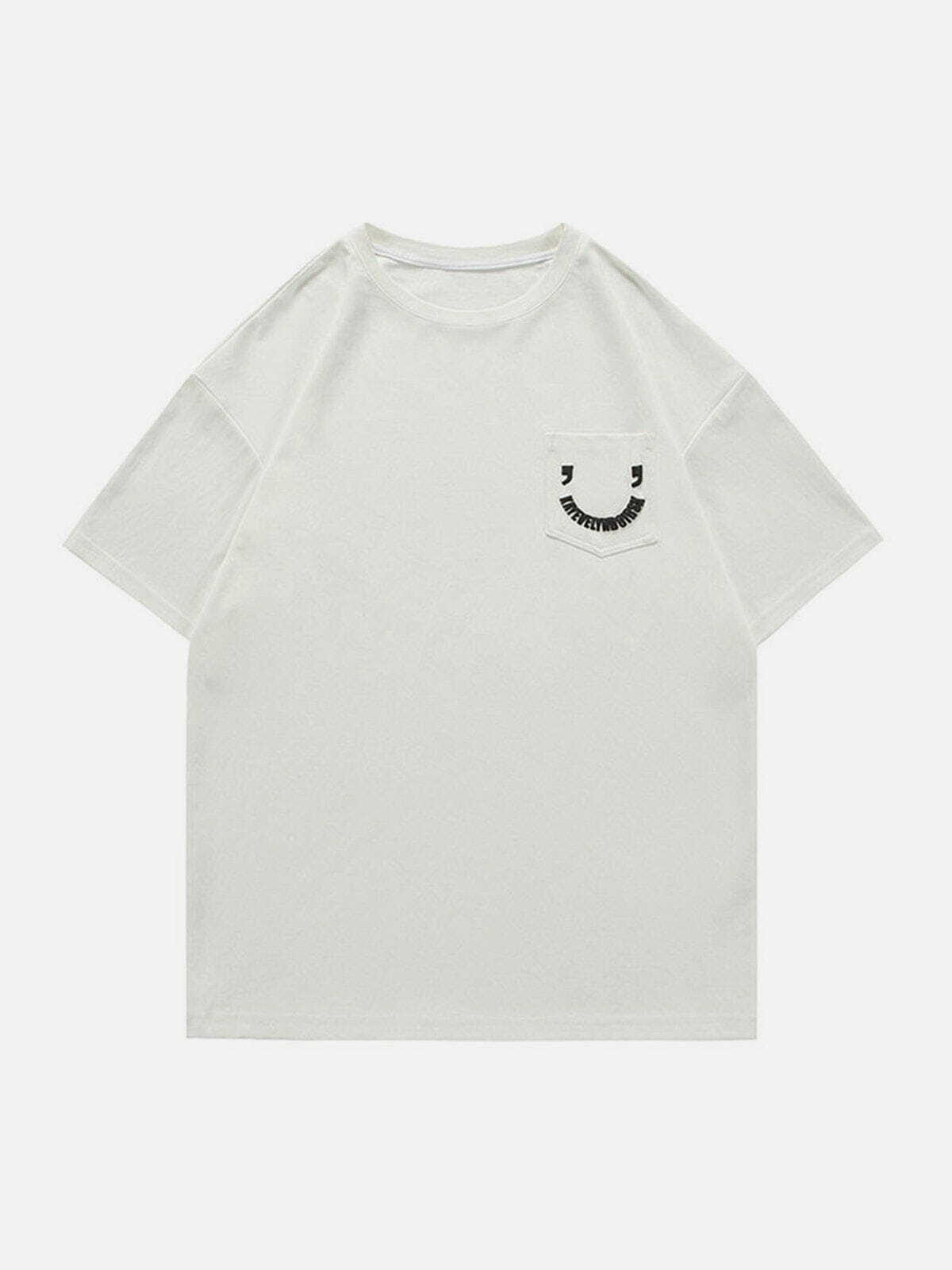 Y2K Pocket Smile Print Tee - Retro 90s Grunge Top for Summer Outfits & Party Vibes