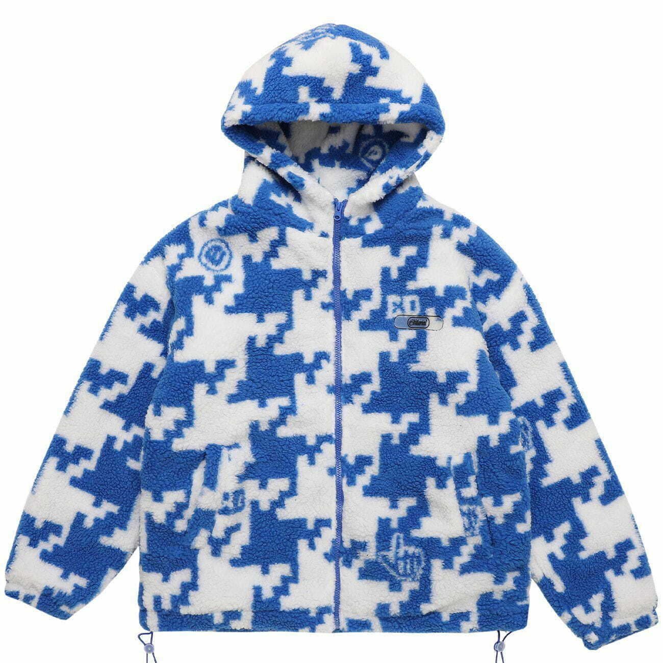 Y2K Puzzle Print Sherpa Coat - Retro 90s Grunge Winter Fashion for Y2K Outfits