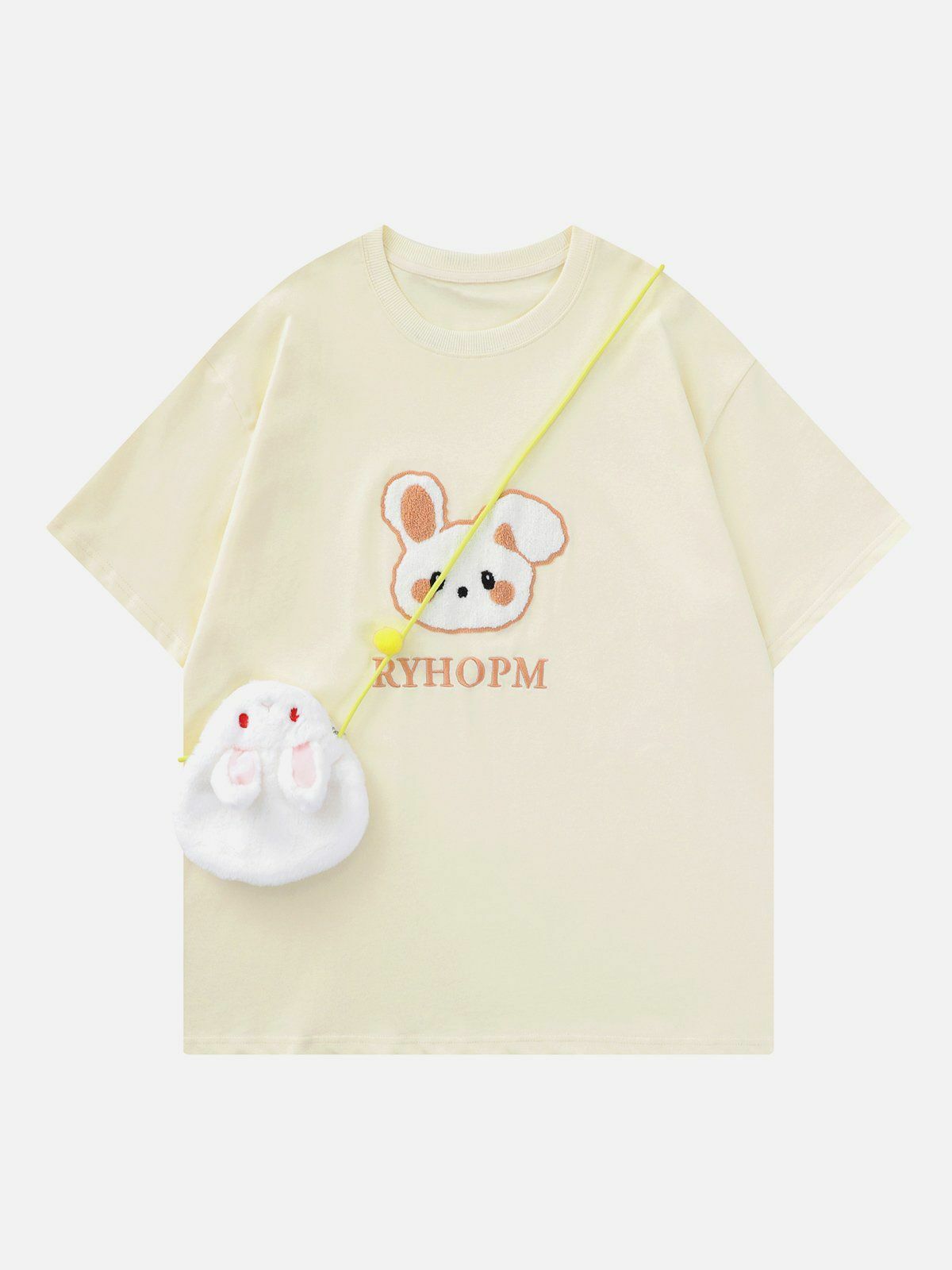 Y2K Rabbit Embroidery Tee - Retro 90s Grunge Summer Outfit with Cute Bag Decoration