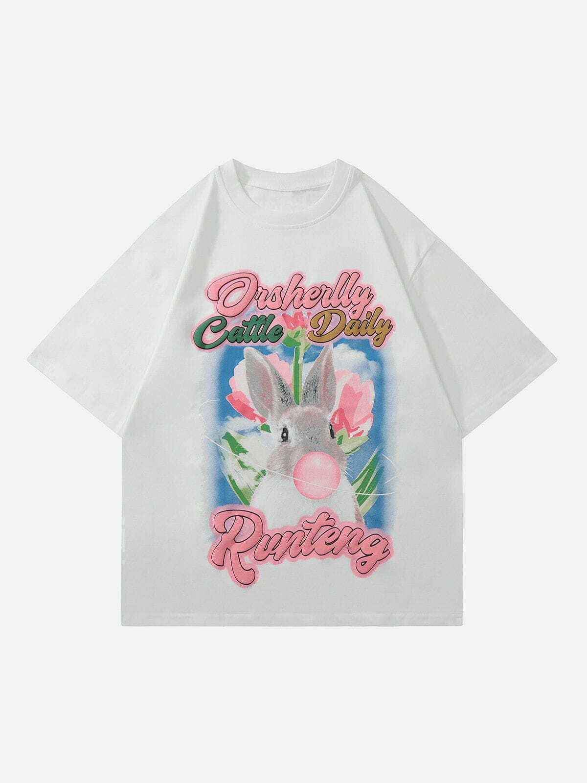 Y2K Rabbit Letter Print Tee - Retro 90s Grunge Top for Summer Party Outfits