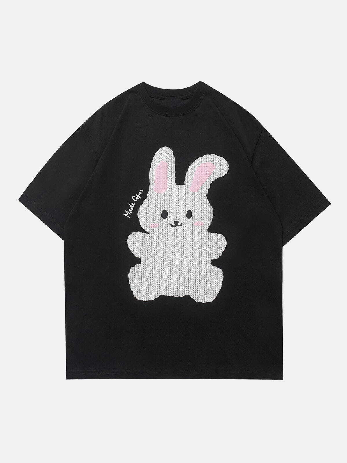 Y2K Rabbit Print Patchwork Tee - Retro 90s Grunge Summer Outfit for Y2K Fashion Lovers