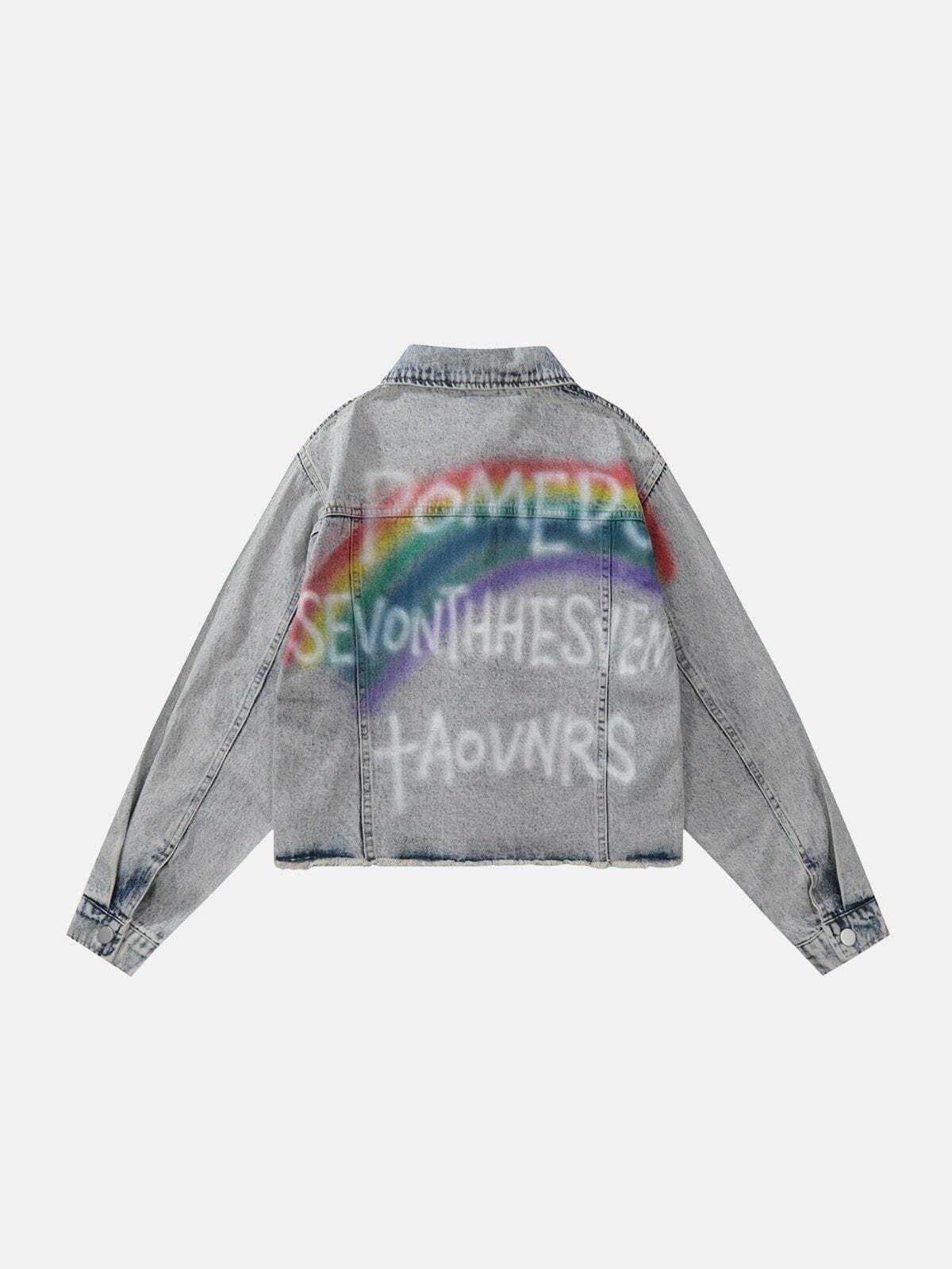 Y2K Rainbow Letter Print Denim Jacket - Retro 90s Grunge Summer Outfit Essential