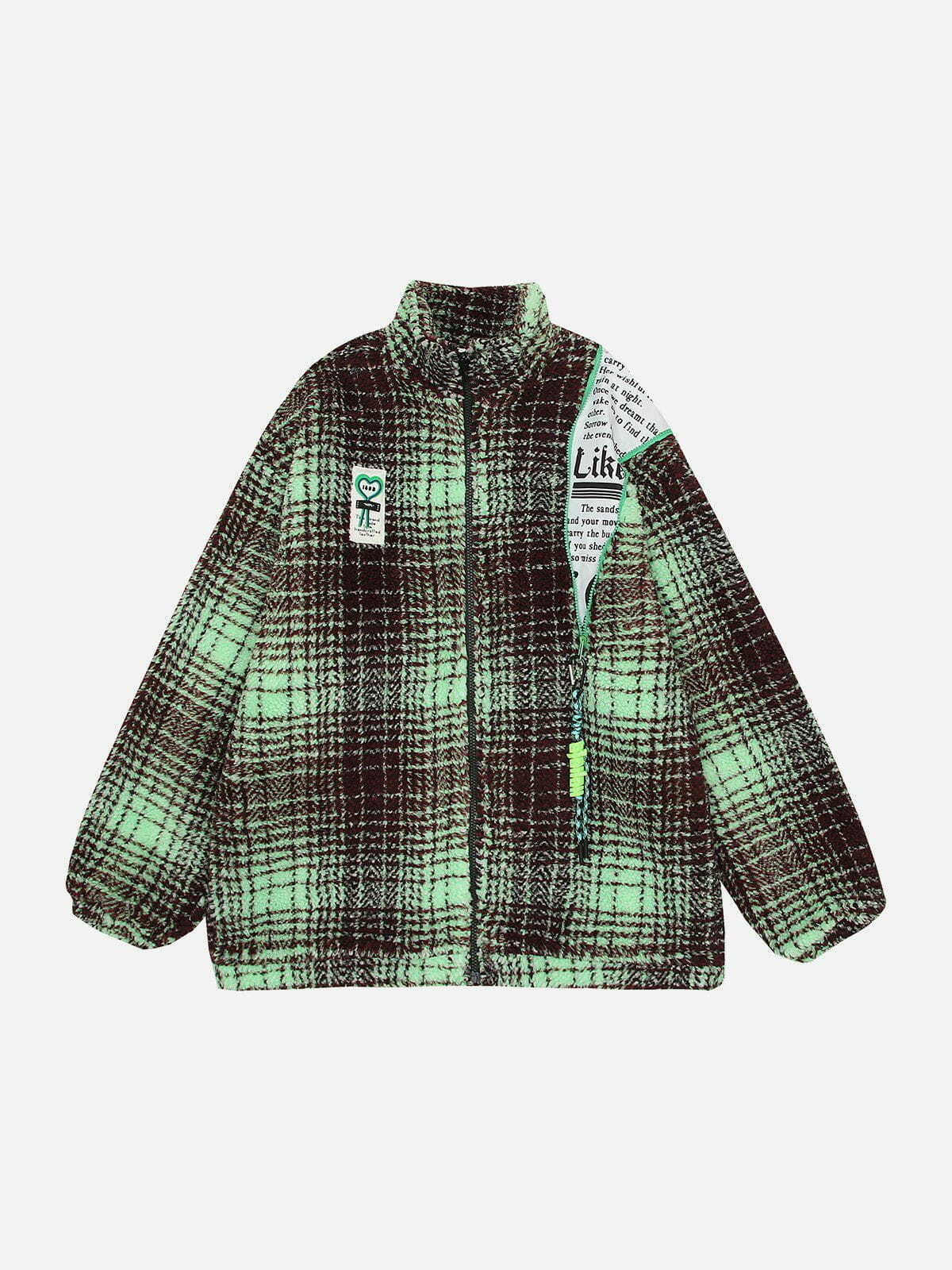 Y2K Retro Patchwork Plaid Sherpa Coat for Grunge & 90s Summer Outfits, Y2K Style