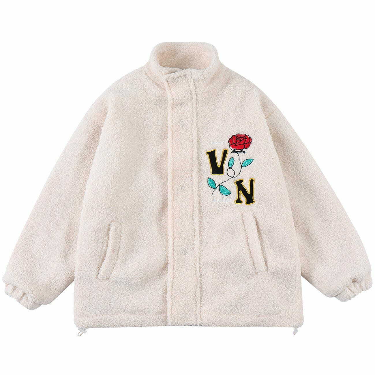 Y2K Rose Embroidered Sherpa Coat - Retro 90s Grunge Winter Fashion for Y2K Outfits