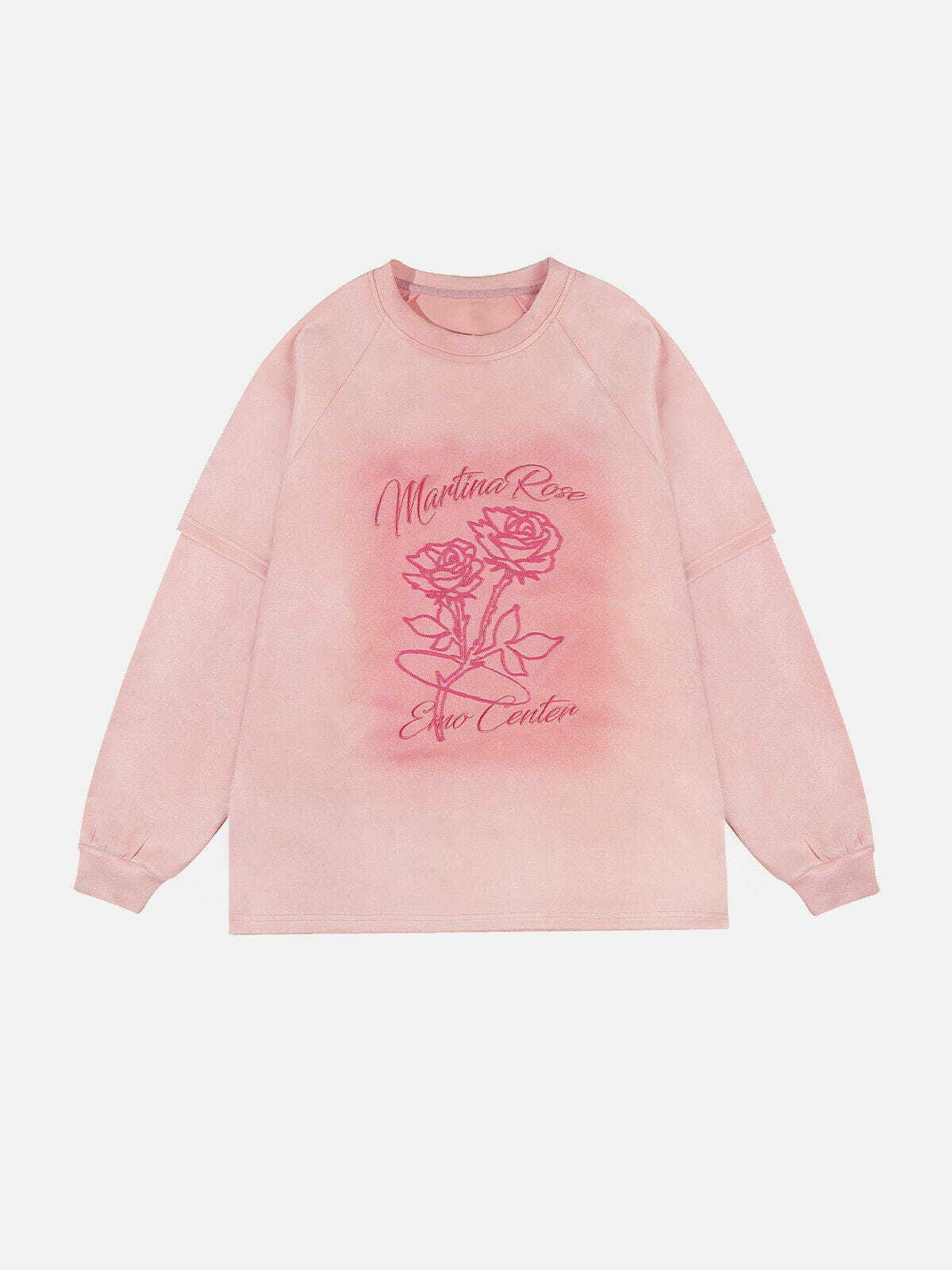 Y2K Rose Print Suede Sweatshirt - Retro 90s Grunge Style for Summer Parties & Outfits