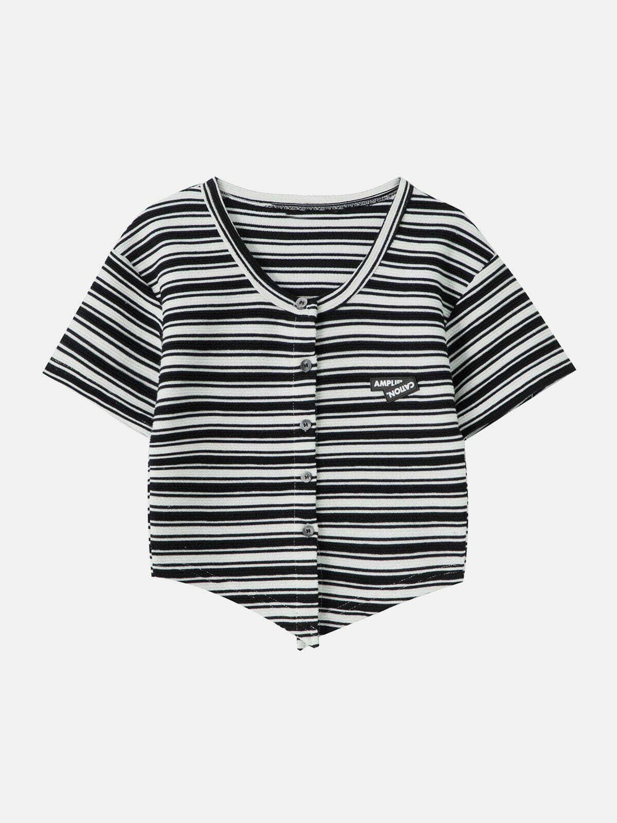 Y2K Rubber Stamp Stripe Print Tee - Retro 90s Grunge Top for Summer Outfits & Parties