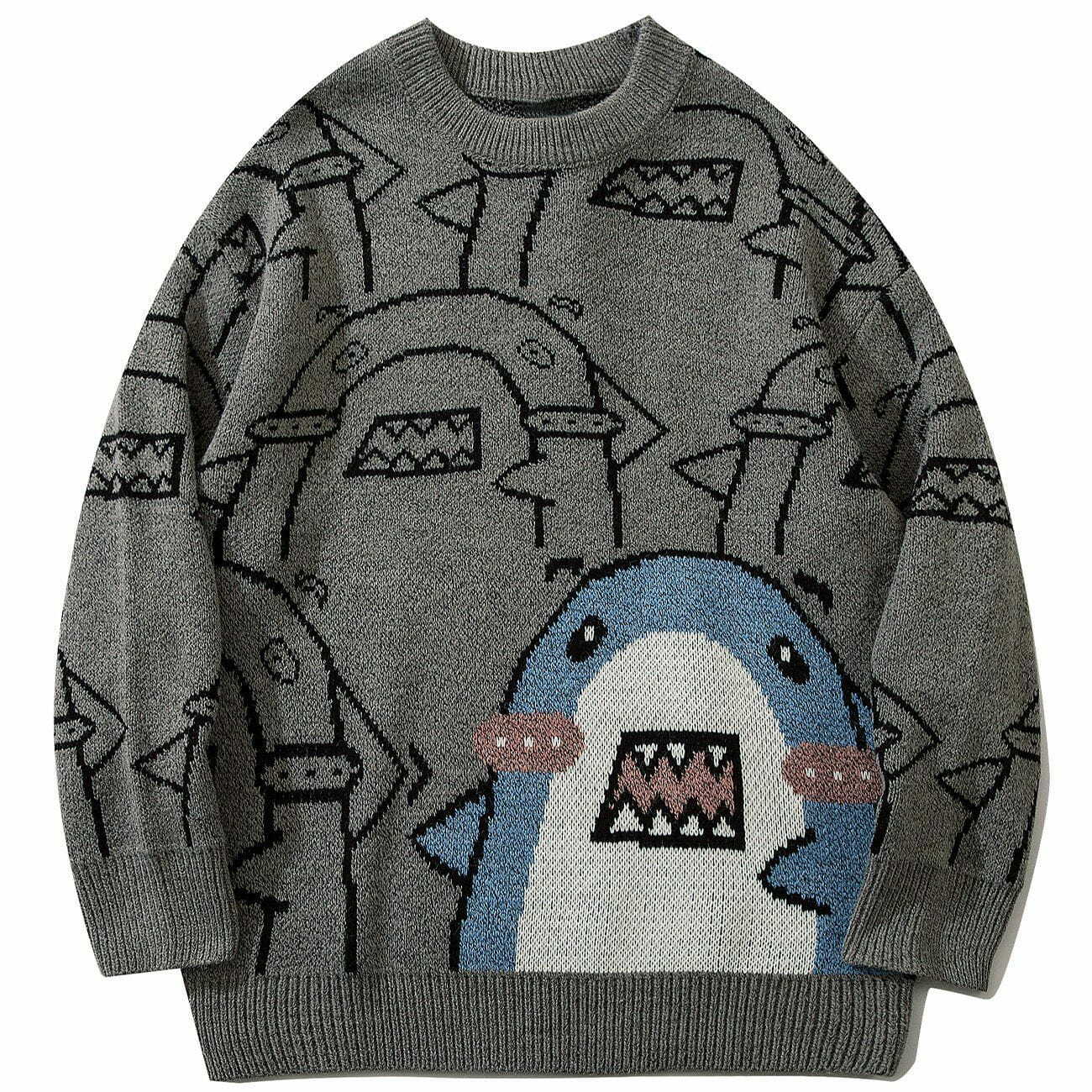 Y2K Shark Print Knit Sweater - Retro 90s Grunge Style for Summer Parties & Outfits