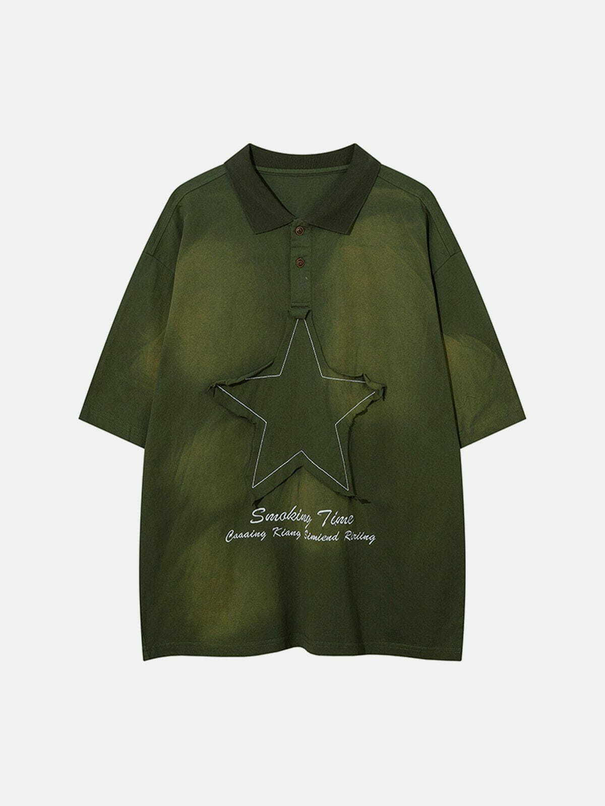 Y2K Star Applique Embroidery Washed Polo Tee - Retro 90s Grunge Summer Outfit Top