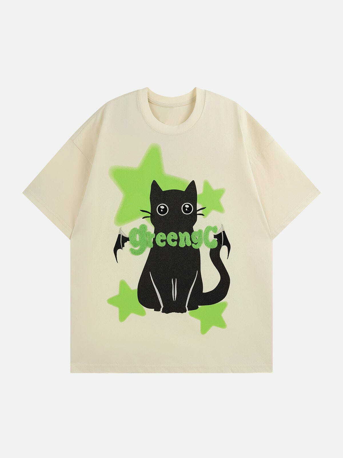 Y2K Star Cat Graphic Tee - Retro 90s Grunge Top for Summer Parties & Outfits