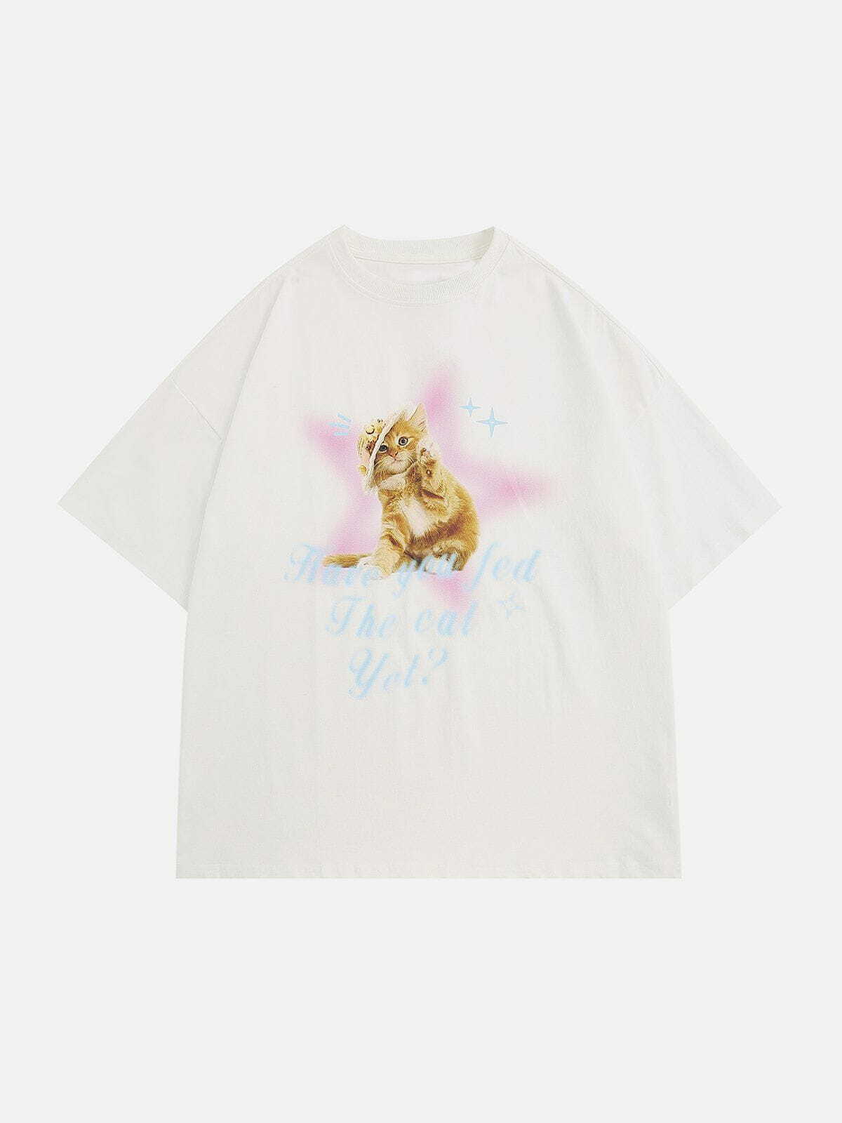 Y2K Star Cat Print Tee - Retro 90s Grunge Top for Summer Parties & Casual Outfits