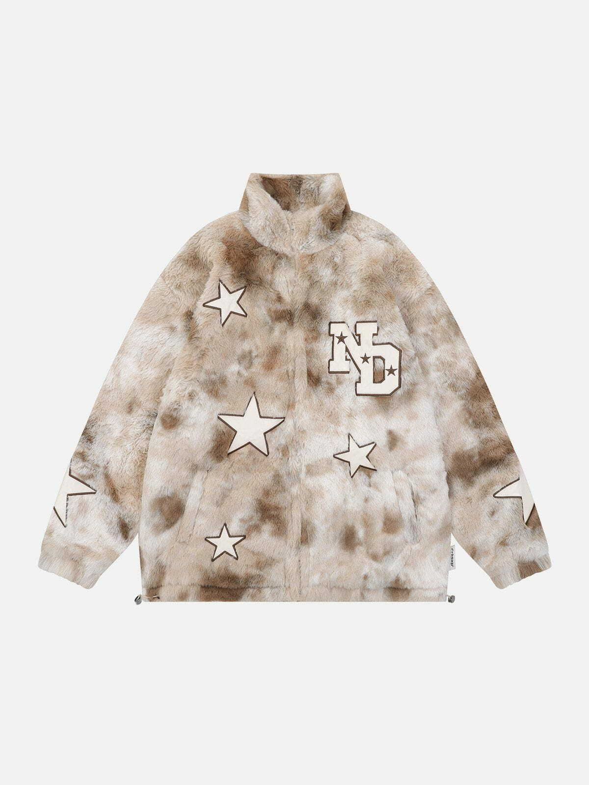 Y2K Star Embroidered Plush Winter Coat - Retro 90s Grunge Style for Y2K Fashion Lovers