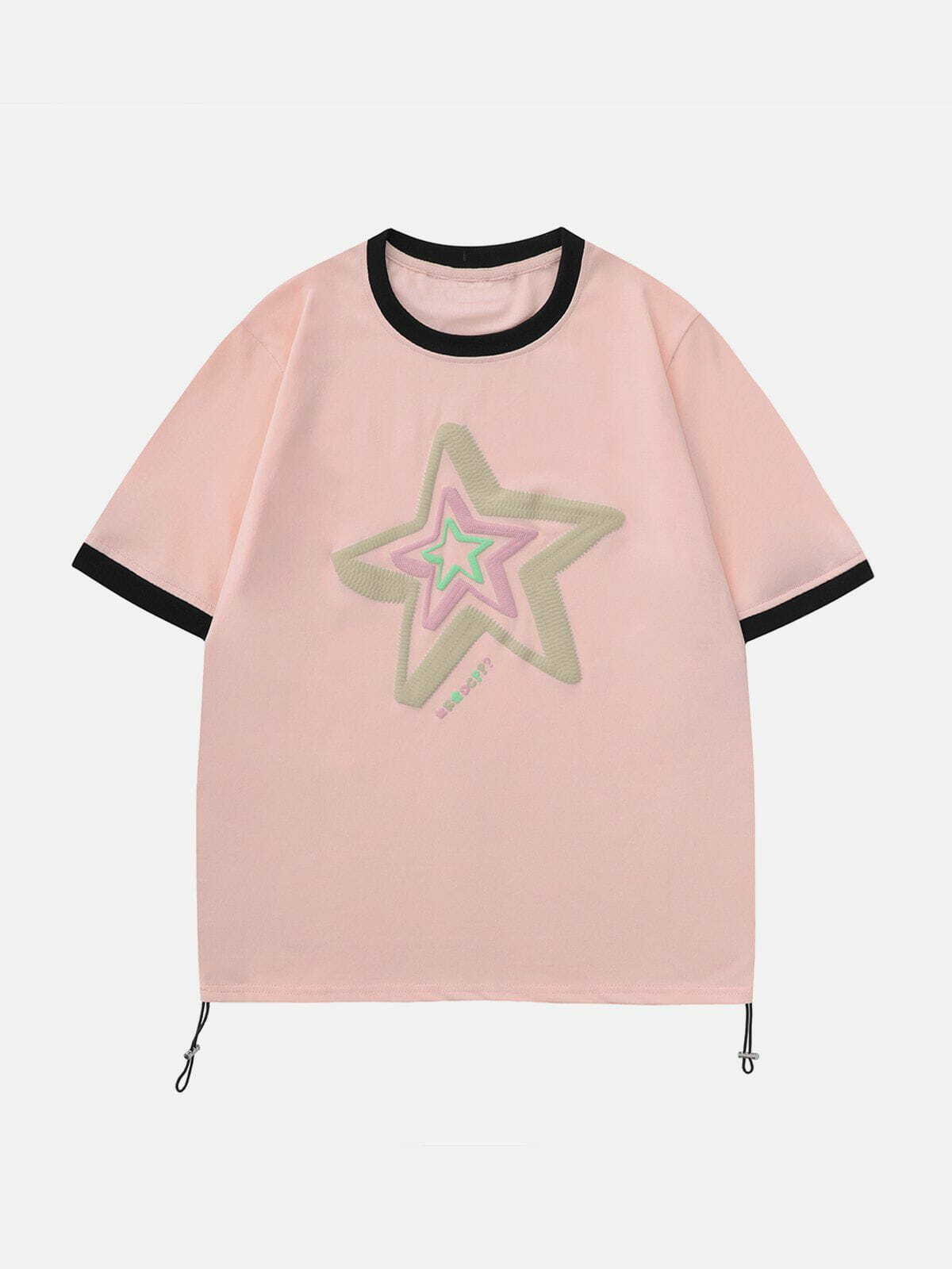 Y2K Star Embroidery Drawstring Tee - Retro 90s Grunge Summer Outfit for Women