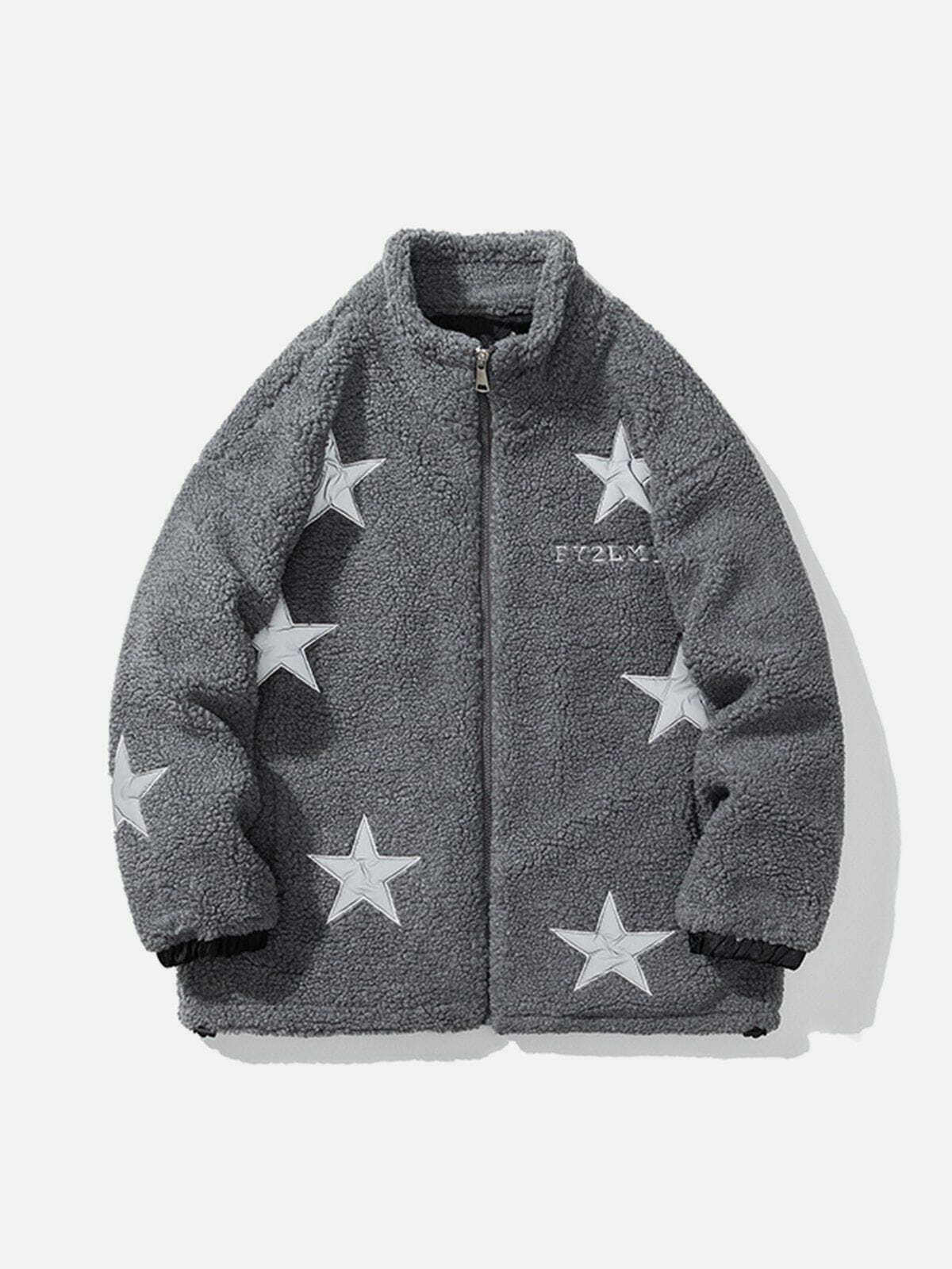 Y2K Star Embroidery Sherpa Coat - Retro 90s Grunge Outfit for Summer Parties & Festivals