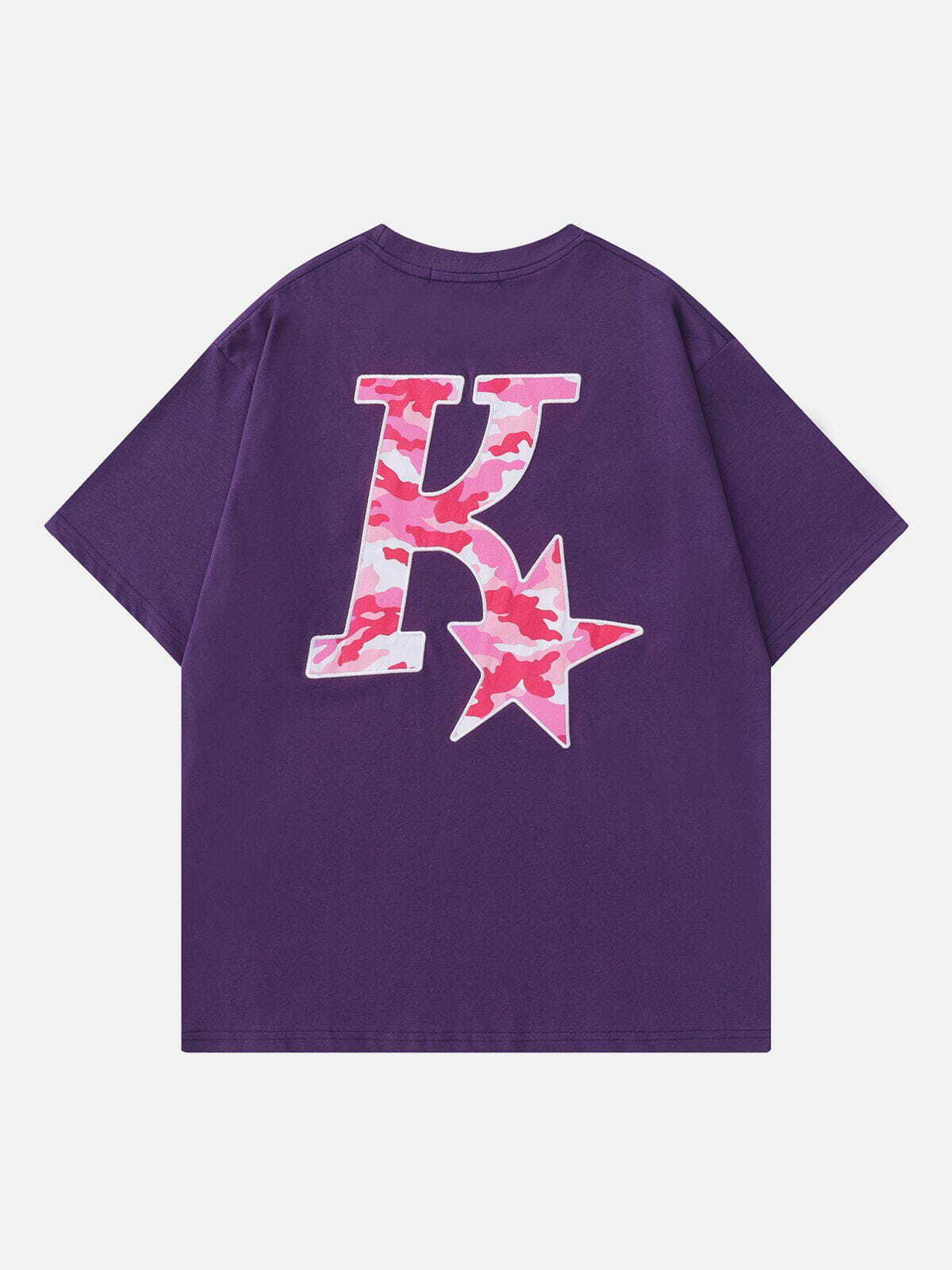 Y2K Star Letter Embroidery Tee - Retro 90s Grunge Top for Summer Party Outfits