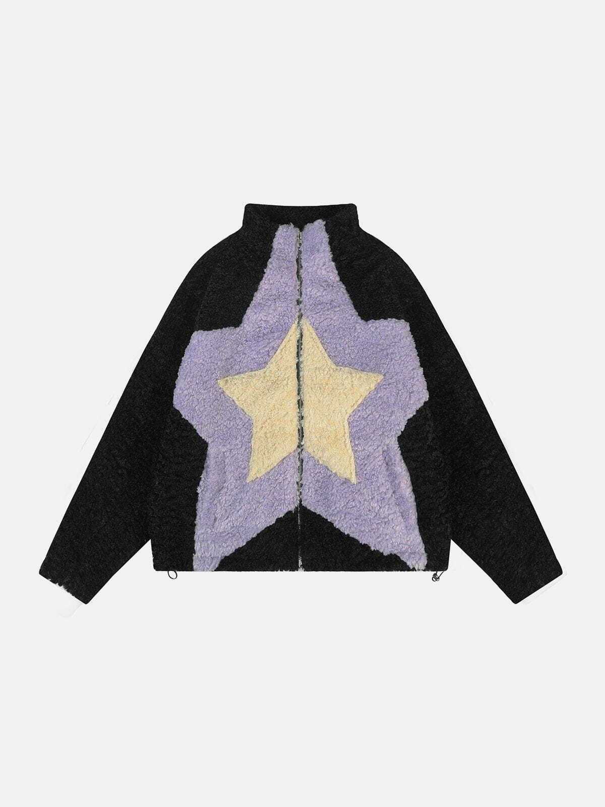 Y2K Star Pattern Sherpa Jacket - Retro 90s Grunge Outfit for Summer Parties & Festivals